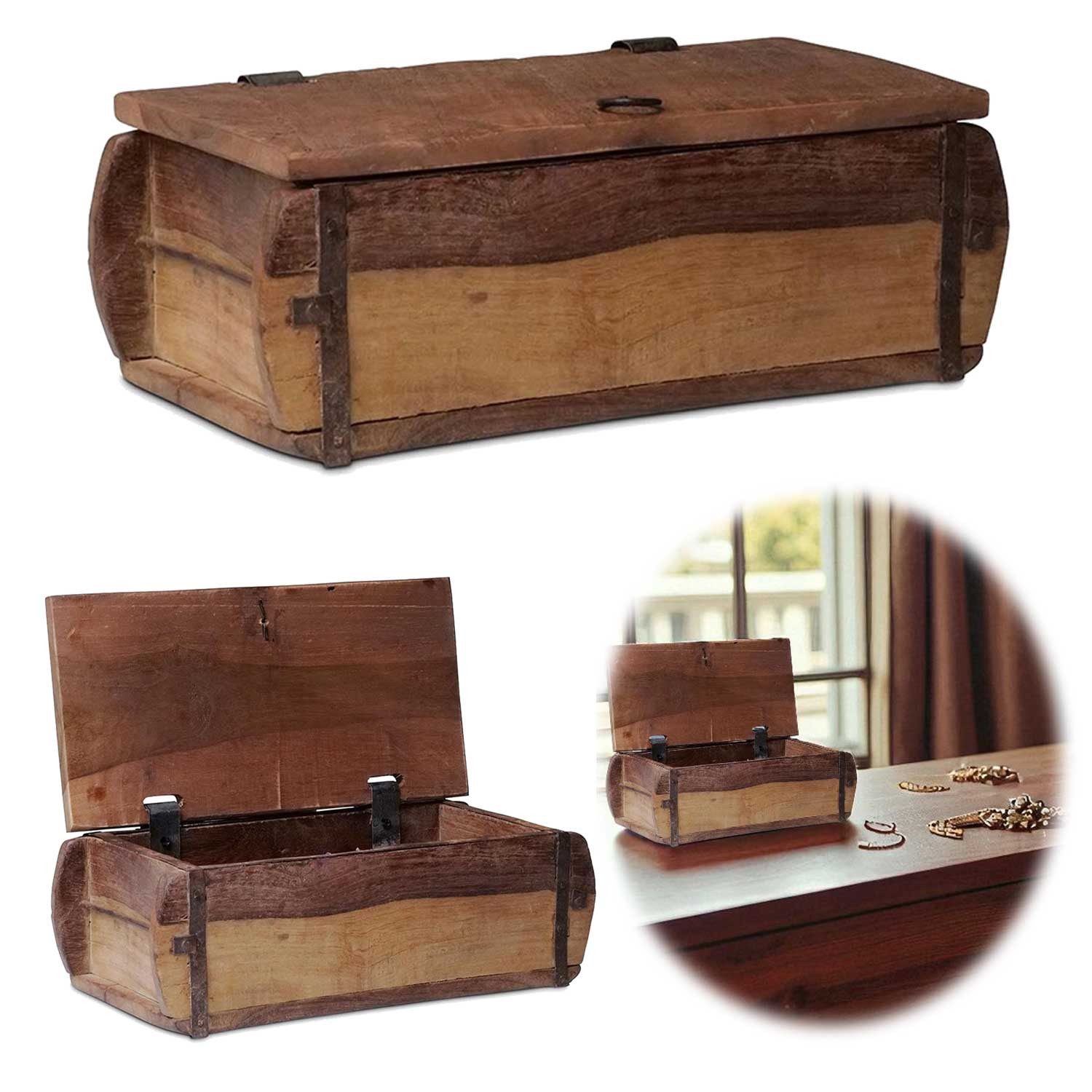LS-LebenStil Holzkiste Vintage Holz Ziegelform 31x15cm Original Aufbewahrungsbox mit Deckel (Echte alte Vintage Allzweckkiste Holzbox mit Metallbeschlägen, 1 St., Original Unika Recycelt, Holzkiste, Besteckkasten Besteckkorb), Rustikale Ordnungsbox Allzweckkiste Aufbewahrungskiste Organizer