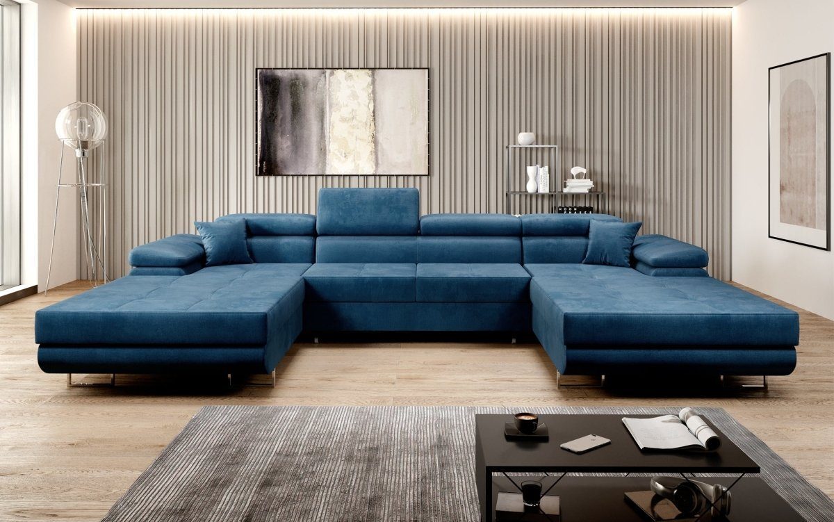 Sofa Klapptfunktion Luxusbetten24 und U, Schlaf- Calvera mit Blau