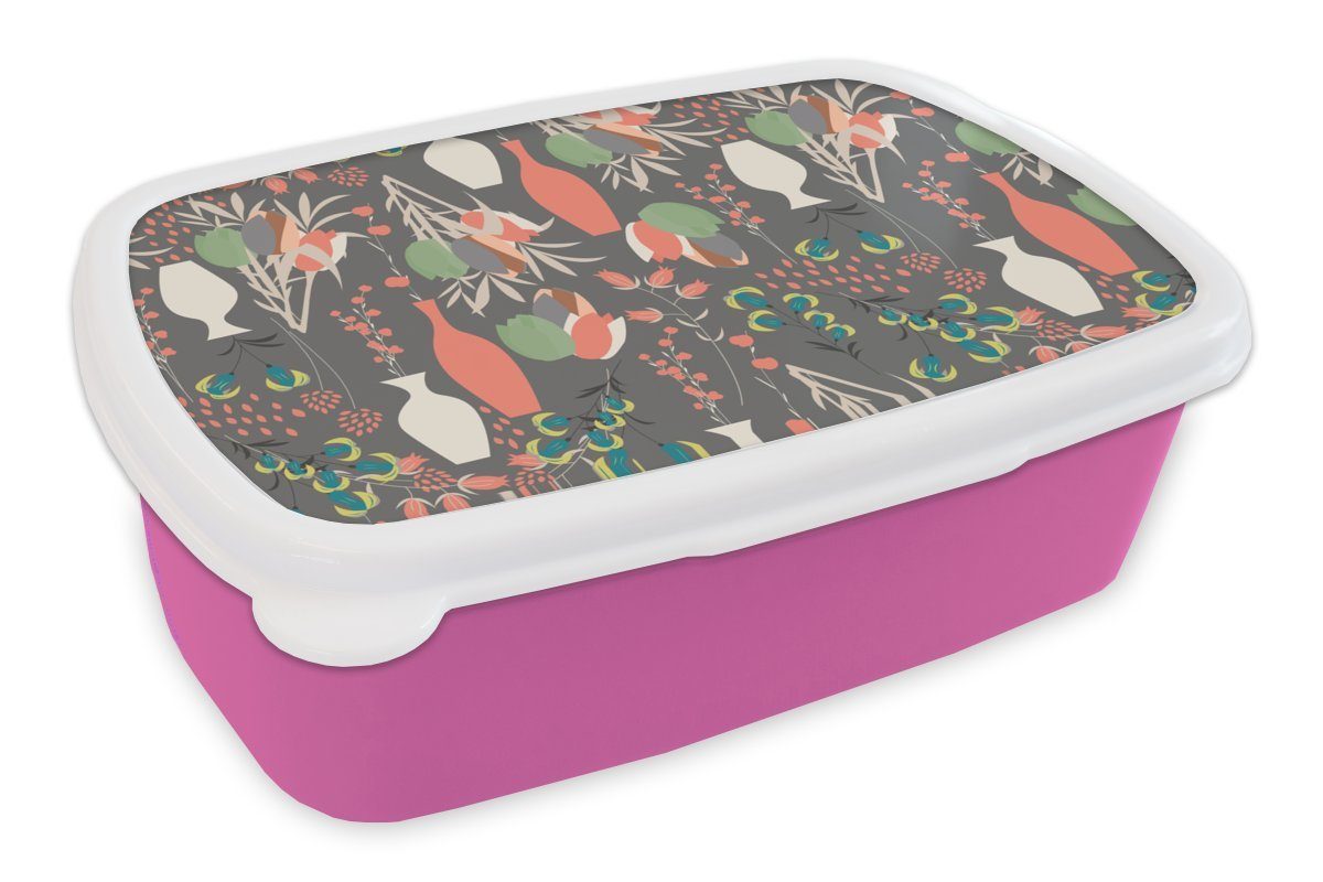MuchoWow Lunchbox Blumenstrauß - Blumen - Muster, Kunststoff, (2-tlg), Brotbox für Erwachsene, Brotdose Kinder, Snackbox, Mädchen, Kunststoff rosa