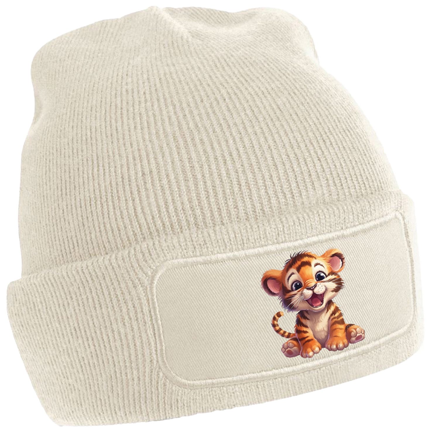 Strickmütze für kalte Tage - Beanie mit Umschlag und Tiger Print