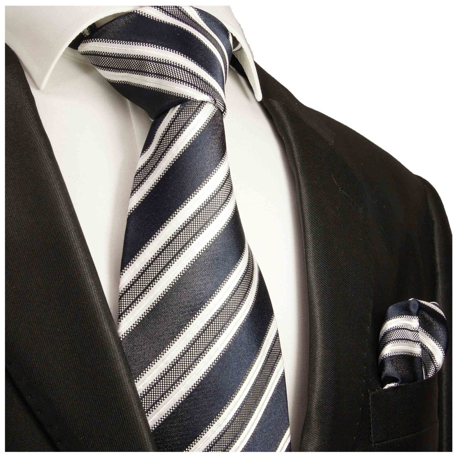 Paul Malone Krawatte Herren Seidenkrawatte mit Tuch modern gestreift 100% Seide (Set, 2-St., Krawatte mit Einstecktuch) Schmal (6cm), blau 437