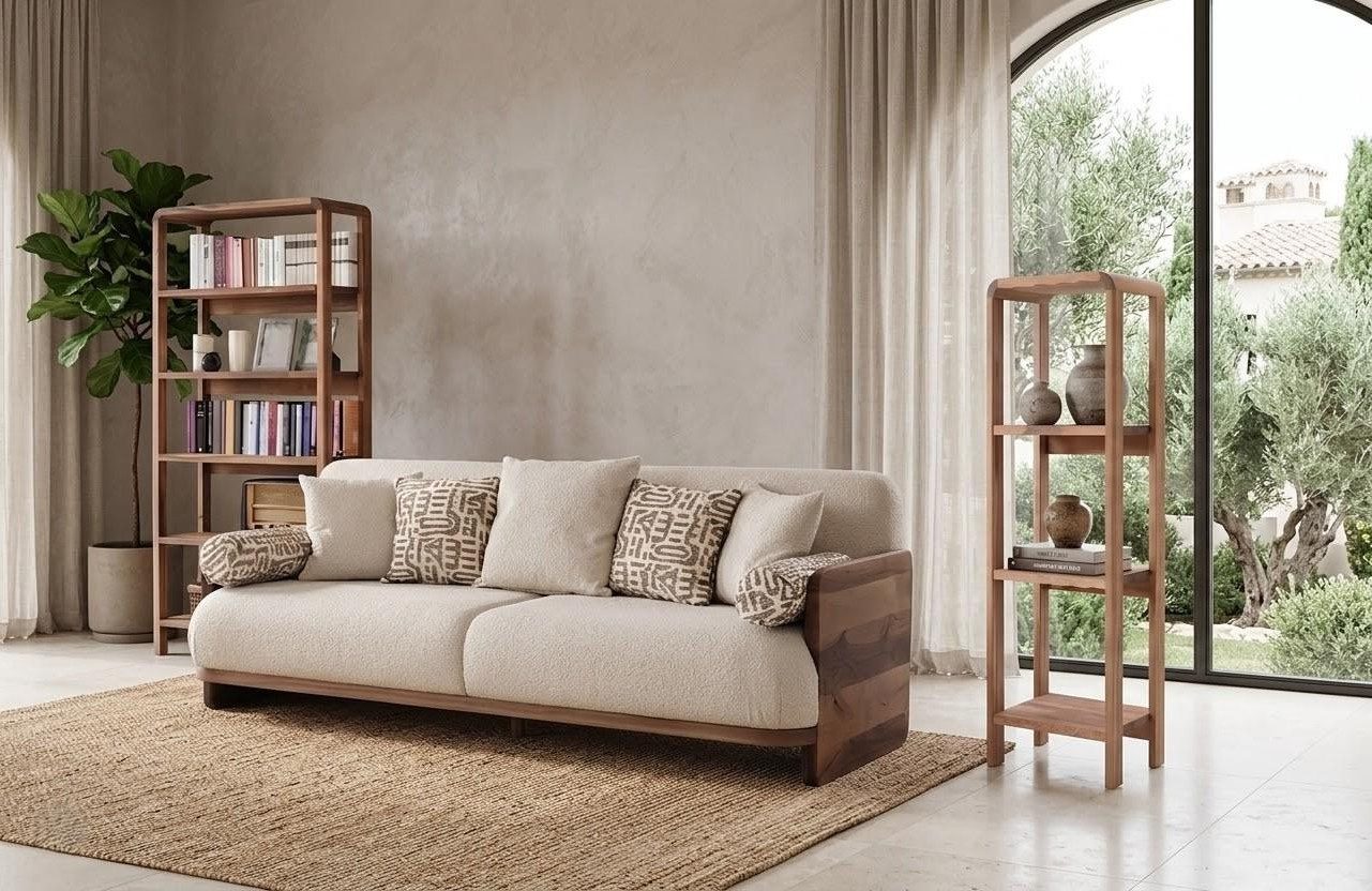 Xlmoebel Polstergarnitur Modernes 3-Sitzer Sofa mit 2 Bücherregalen in Braun aus Holz, (Sofa-Set, 3-tlg., 3-Sitzer Sofa mit 2 Bücherregalen), Made in Europa
