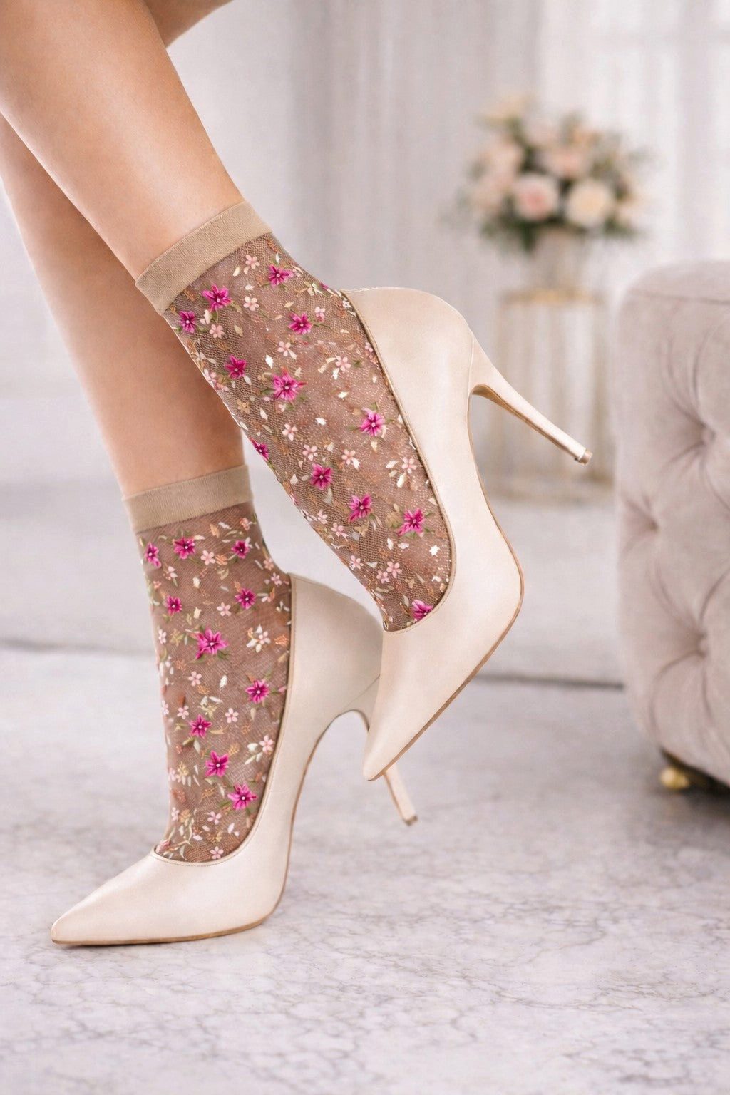 Lycille Feinsocken durchsichtige Socken mit Blumen-Muster 20 Den