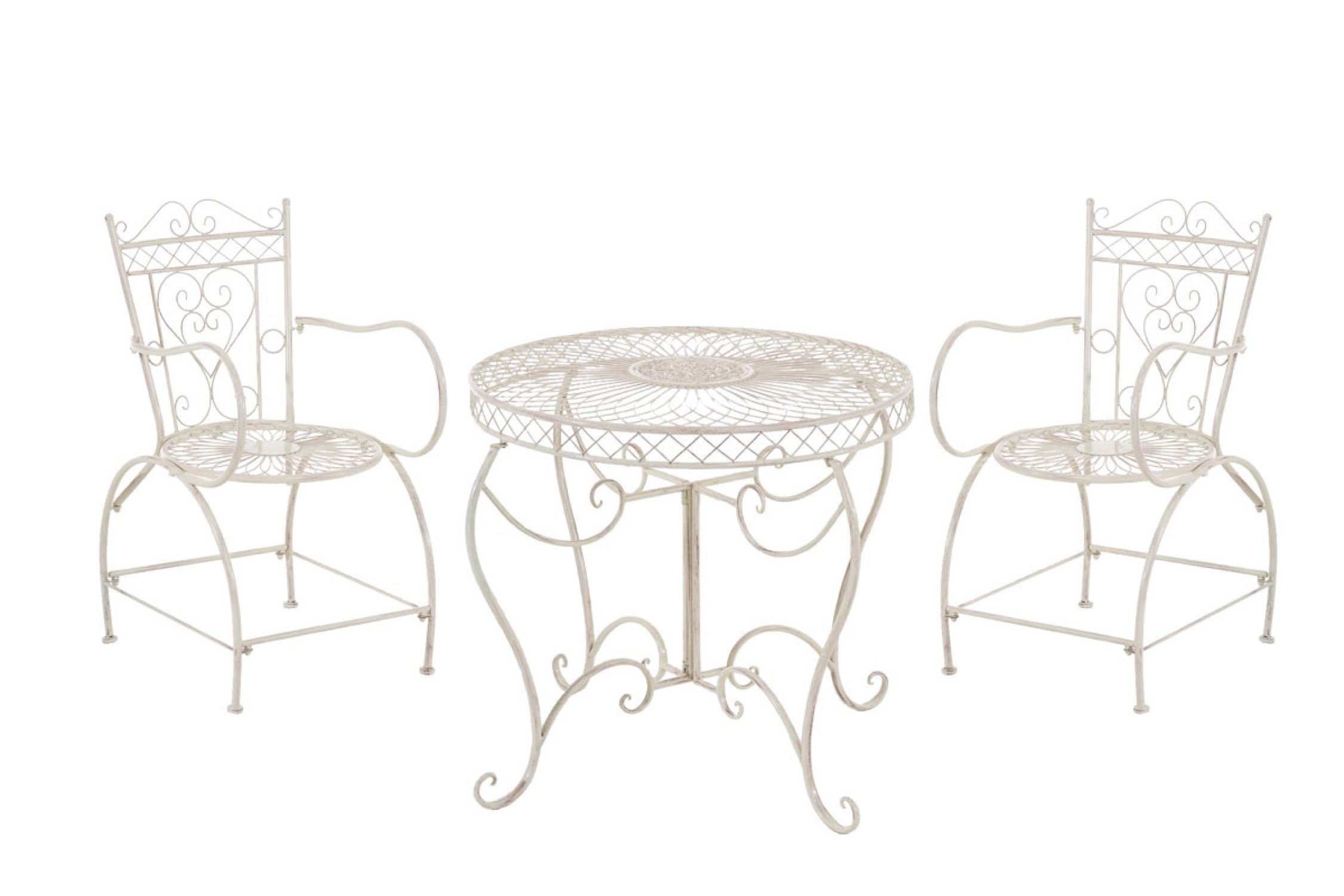 TPFGarden Garten-Essgruppe Sheen - Sitzgruppe für Garten, Balkon, Terrasse, (Gartenmöbel-Set - Bistro-Garnitur / Bistro-Set outdoor, 3-tlg., Gartenset aus handgefertigten Eisen - Farbe: antik-creme), Stuhl (HxB): 88 x 48 cm - 1 Tisch (LxBxH): 90 x 90 x 69cm