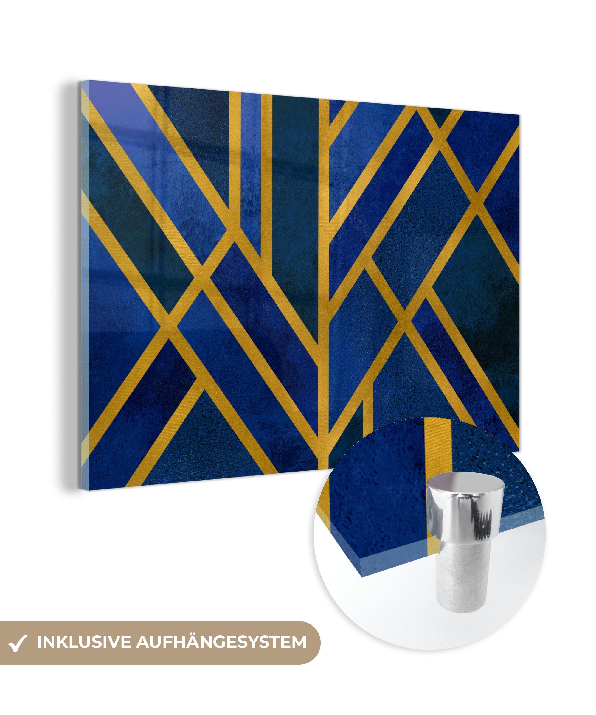 MuchoWow Acrylglasbild Gold - Blau - Muster, (1 St), Glasbilder - Bilder auf Glas Wandbild - Foto auf Glas - Wanddekoration