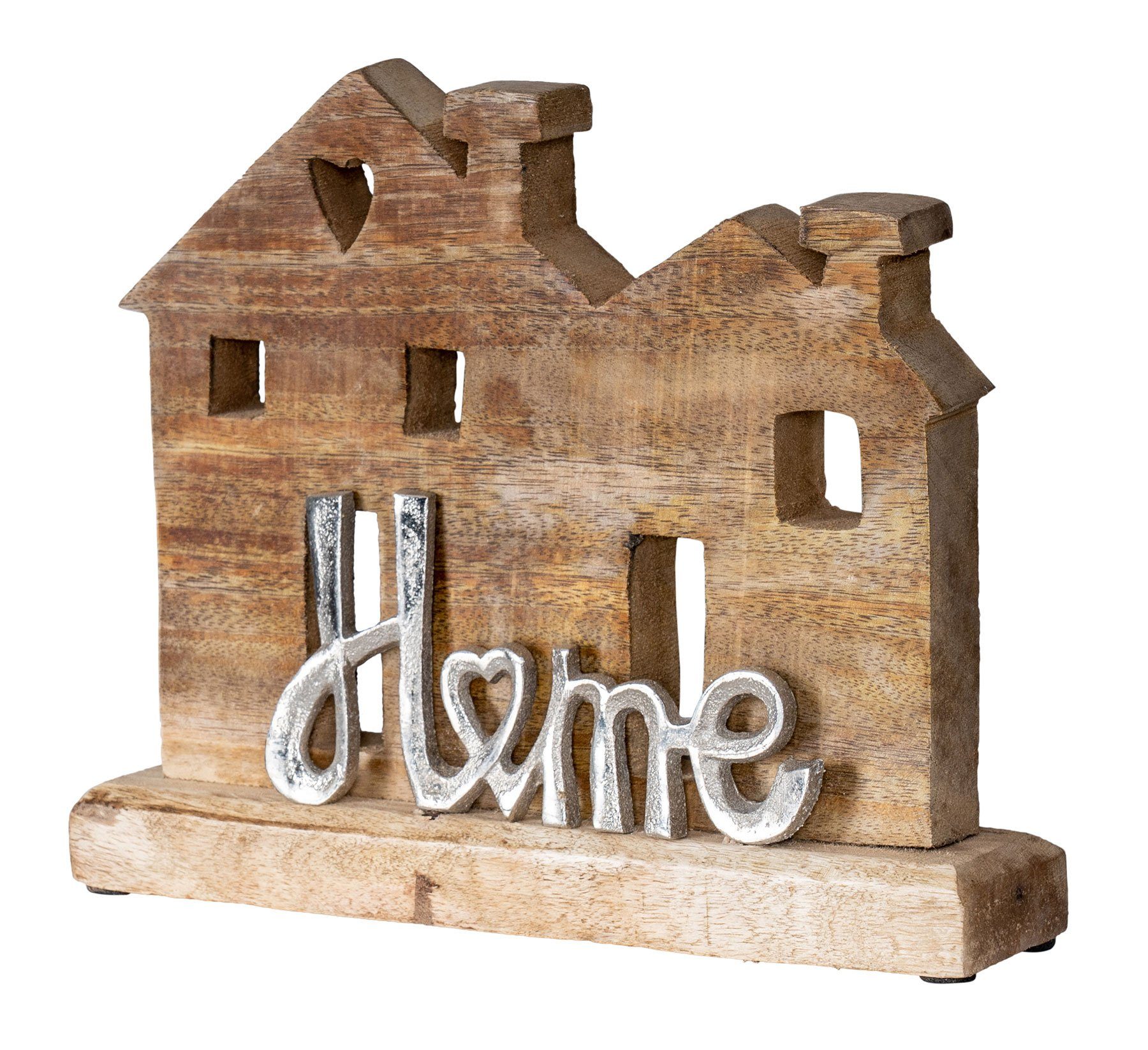 Levandeo® Dekoobjekt, Aufsteller Haus H22cm Home Mango Metall Schriftzug Holz Deko Silber