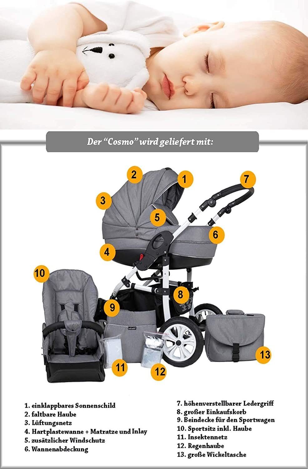 Farben 13 Cosmo in 16 - babies-on-wheels Kinderwagen-Set Kombi-Kinderwagen 2 1 in Kunstleder ECO Hellgrau-Petrol - Teile
