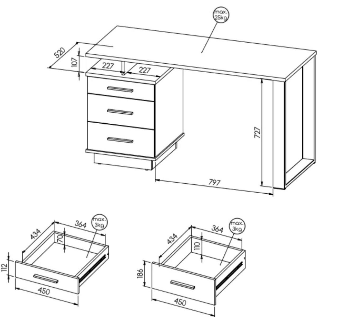 Compleo Schreibtisch mit 3 Schublade, Möbelfarbe: Eiche Wotan/Schwarz, Breite: 135 cm