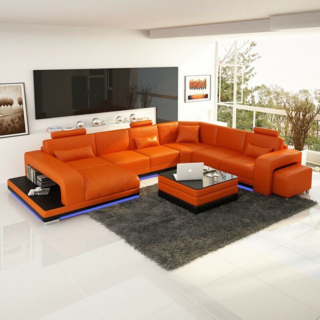 JVmoebel Ecksofa USB Wohnlandschaft Sofa Moderne Design Garnitur Ecke Orange Leder Couch Eck