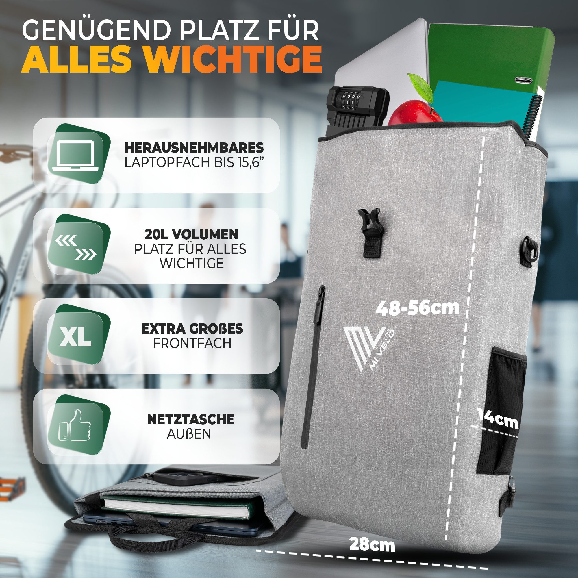 MIVELO Fahrradtasche 3in1 Gepäckträgertasche, Rucksack für Fahrrad Gepäckträger wasserdicht, 20L Volumen