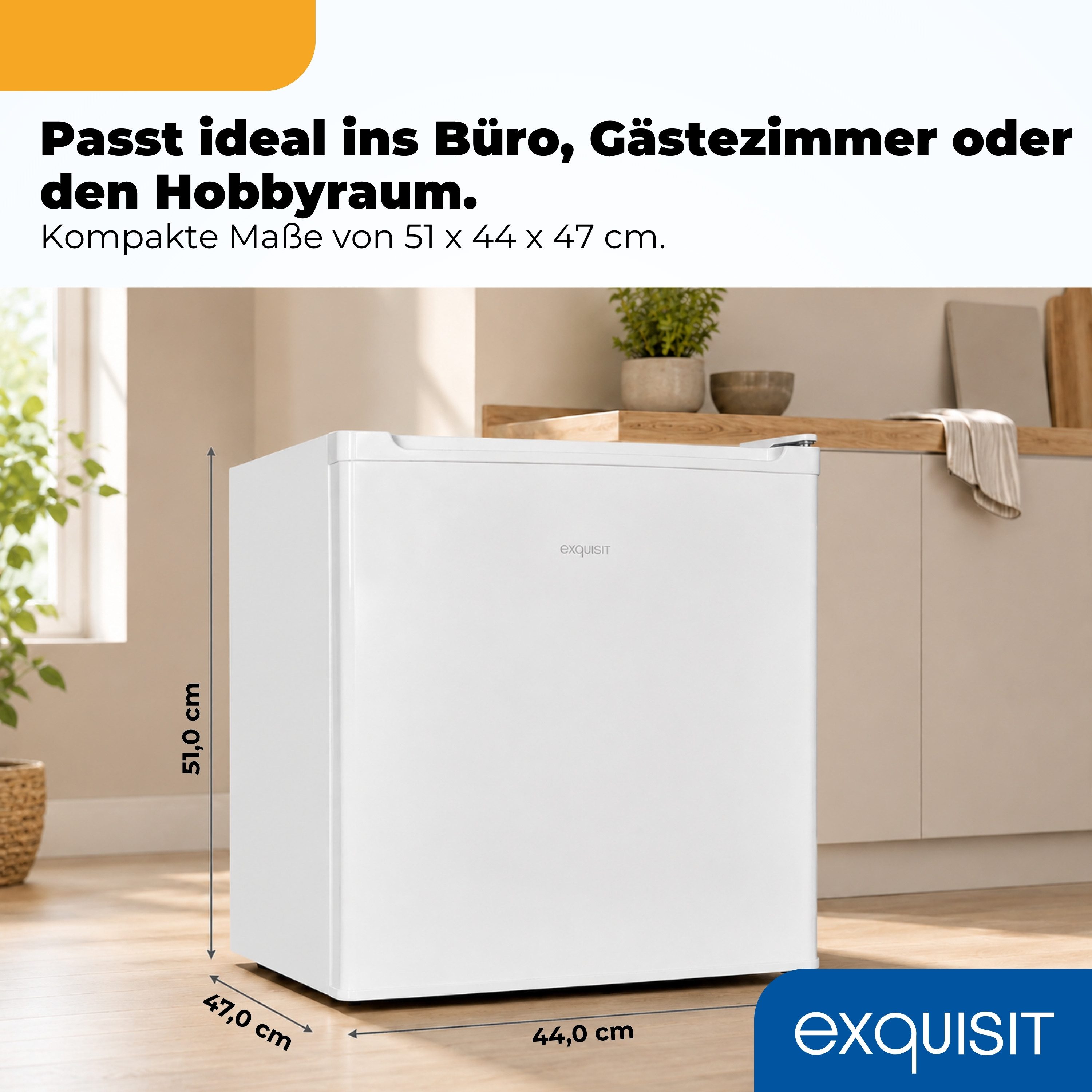 exquisit Table Top Kühlschrank KB505-V-040E, 51 cm hoch, 44 cm breit, 40 L Nutzinhalt, kompakt und platzsparend, Gitterablage