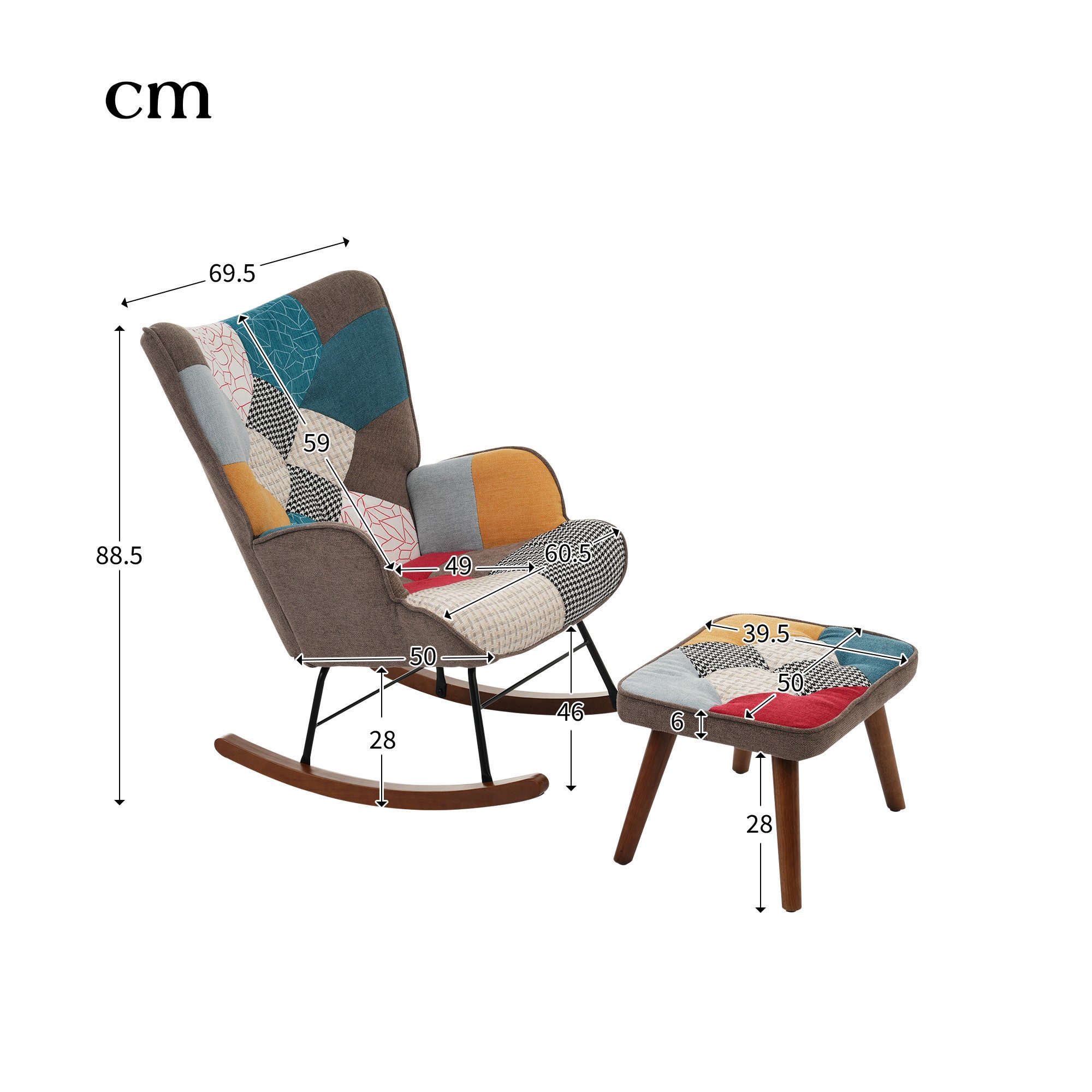 IDEASY Schaukelstuhl Buntes Patchwork-Schaukelstuhl-Set, Stillsessel mit Hocker Ohrensessel, Massivholzbeine, 90 kg belastbar, ideal zum Entspannen und Lesen