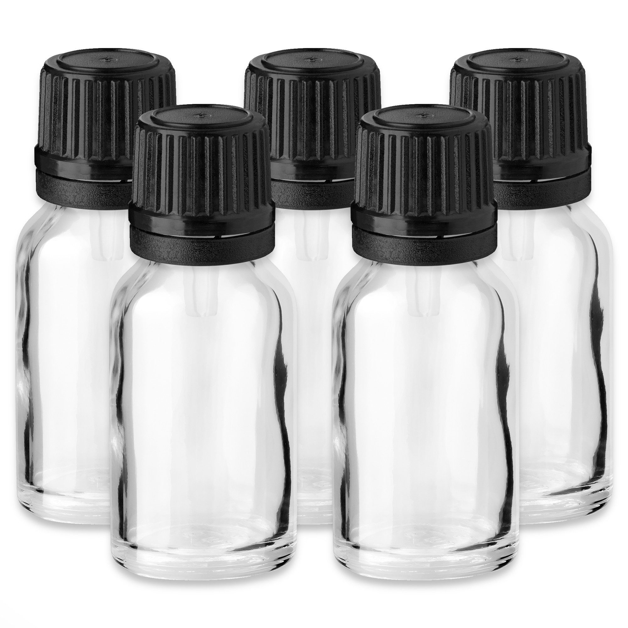 CK Verpackung GmbH Tropfer 5x Klare Glasflasche 15 ml mit schwarzem Tropfeinsatz Medizinflasche