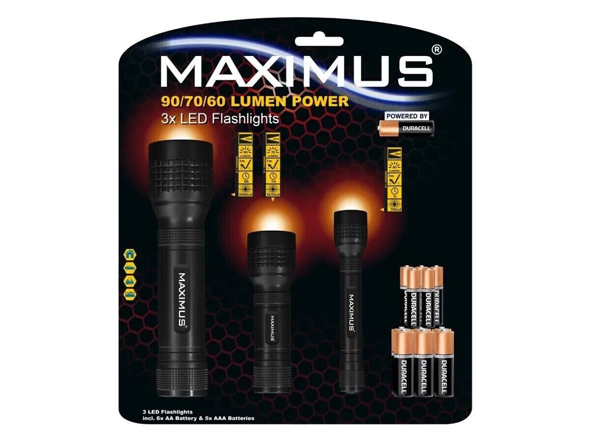 Maximus LED Taschenlampe Taschenlampen Set 3 Stück, Campinglaterne (3-St., 60 Lumen, 70 Lumen & 90 Lumen), Wasserdichtigkeit: IP20, inkl. Batterie