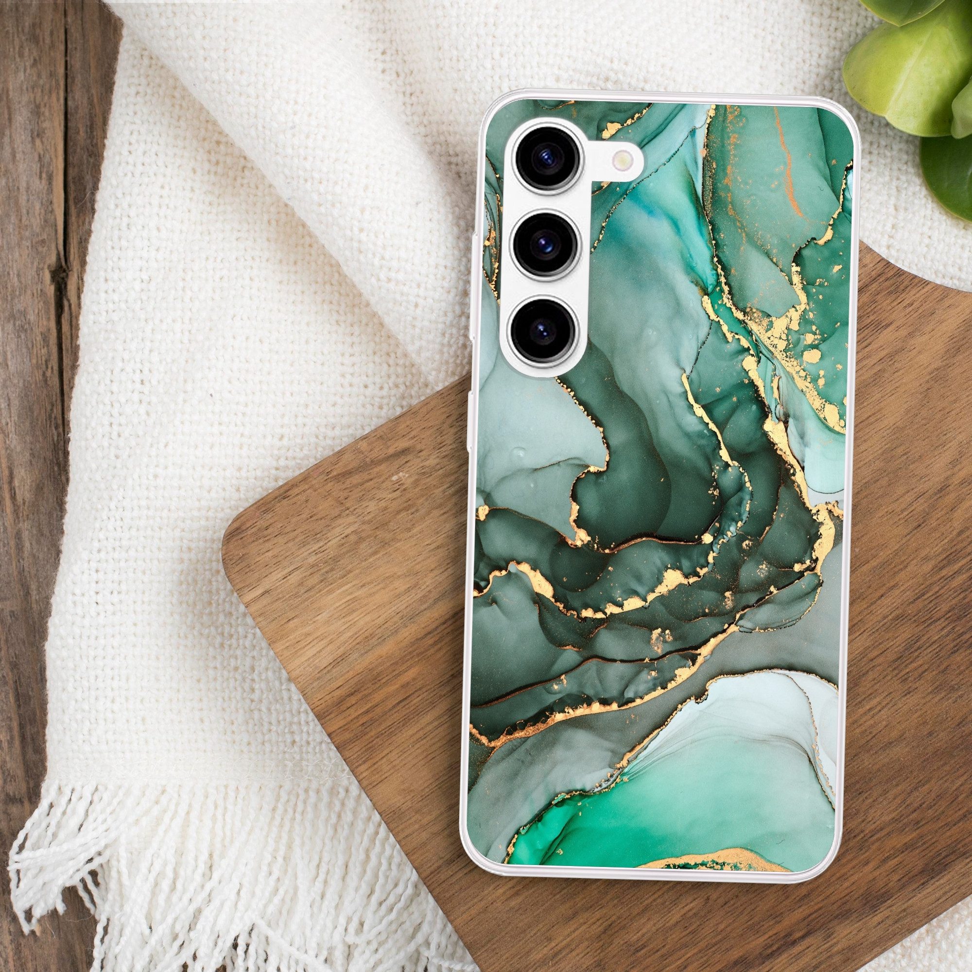 MuchoWow Handyhülle für Samsung Galaxy S23 Gold - Marmor - Grün - Luxus - Marmoroptik - Gr, Phone Case, Silikon, Schutzhülle Dünn