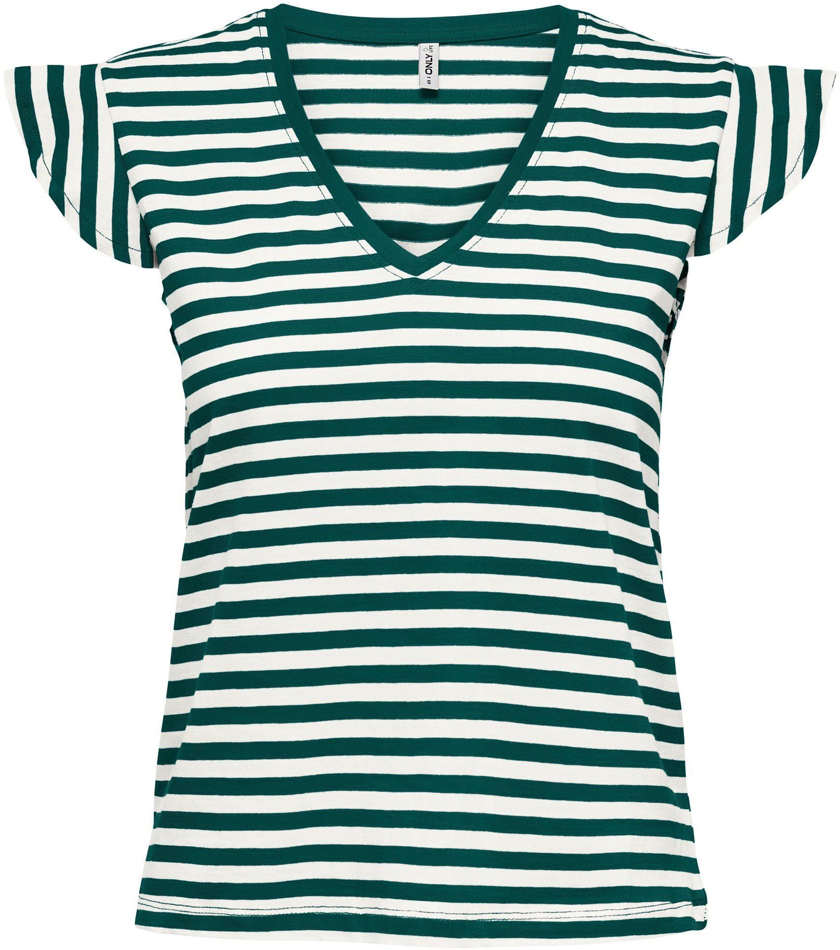 ONLY V-Shirt ONLMAY S/S FRILL V-NECK TOP June Bug Stripes:Cloud dancer | V-Shirts