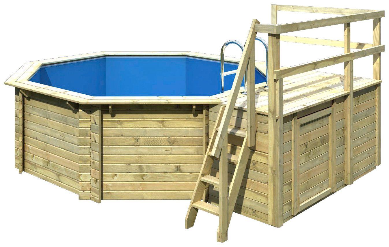 Karibu Achteckpool PORTO Set C ØxH: 358x124 cm (Komplett-Set, 12-tlg), mit Technikraum unter dem Sonnendeck