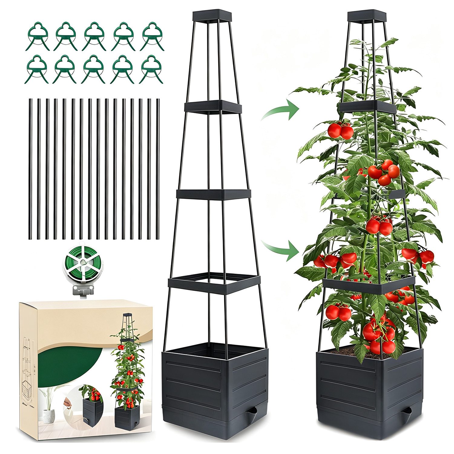 AIMAX Pflanzkübel Tomatentopf mit Rankhilfe 140 cm Balkonkasten Blumenständer Blumentopf (Selbstbewässerung Pflanzturm Pflanztopf Pflanzenbehälter Blumenkasten, 1 St., Verstellbare Rankenstütze, Integrierter Wasserspeicher, Hochbeet), Pflanzkasten zum Klettern von Gemüse, Pflanzen, Blumen, Balkon, Garten