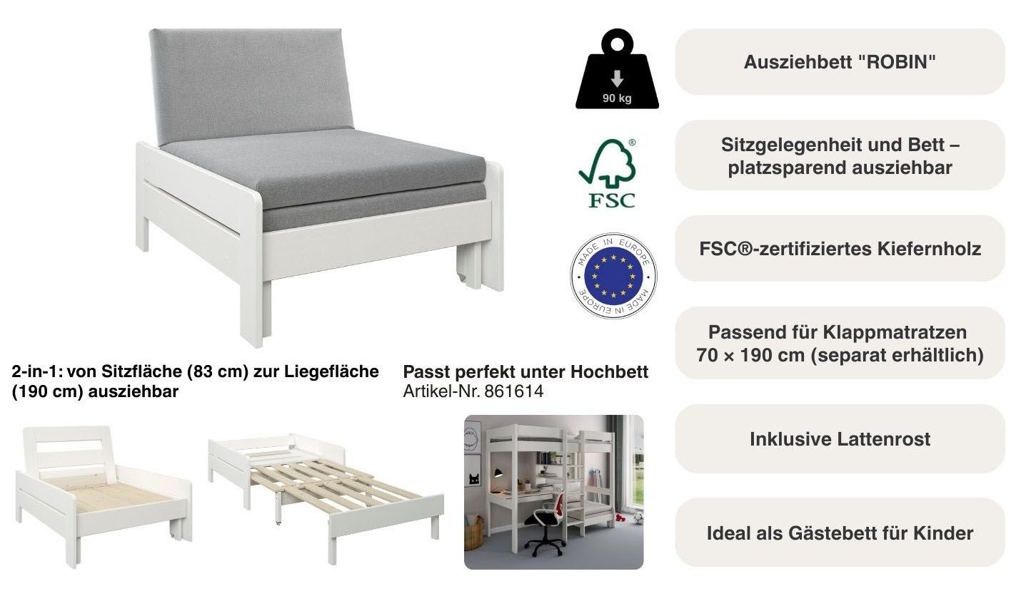 OTTO home Ausziehbett "ROBIN ", Bett, Made in Europe, FSC® zertifiziertes Massivholz, zertifiziertes Massivholz, ohne Auflagen