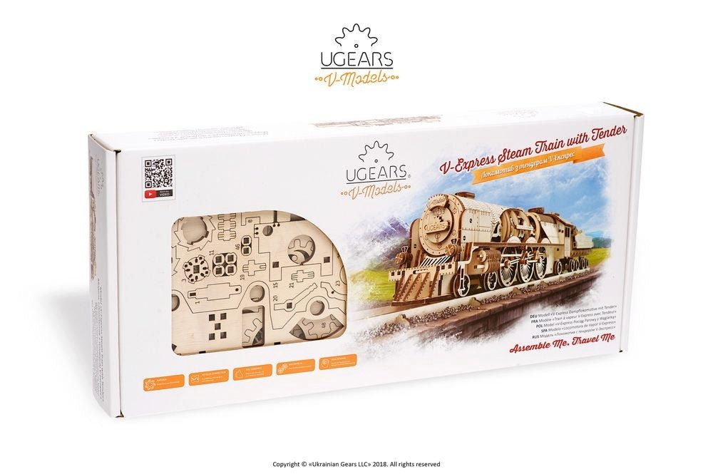 UGEARS Puzzle Ugears V-Express Dampflokomotive mit Tender Mechanisches Holzpuzzle, 538 Puzzleteile
