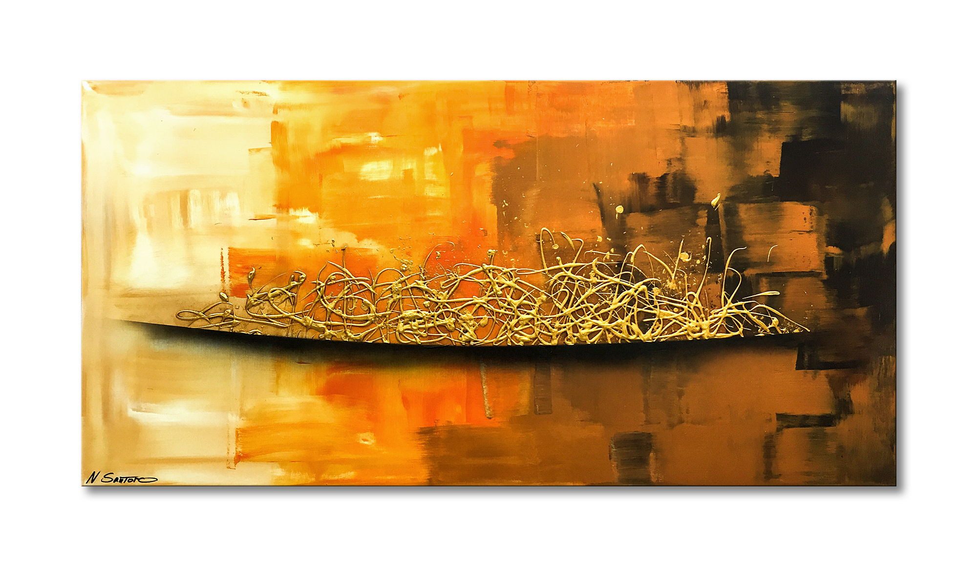 WandbilderXXL Gemälde Golden Morning 120 x 60 cm, Abstraktes Gemälde, handgemaltes Unikat