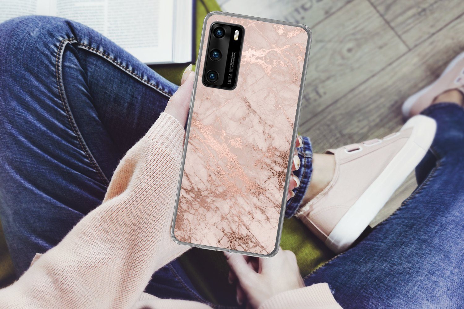 MuchoWow Handyhülle für Huawei P40 Marmor - Rosa - Luxus - Marmoroptik - Glitzer - Design, Handy Case, Silikon, Bumper Case Dünn