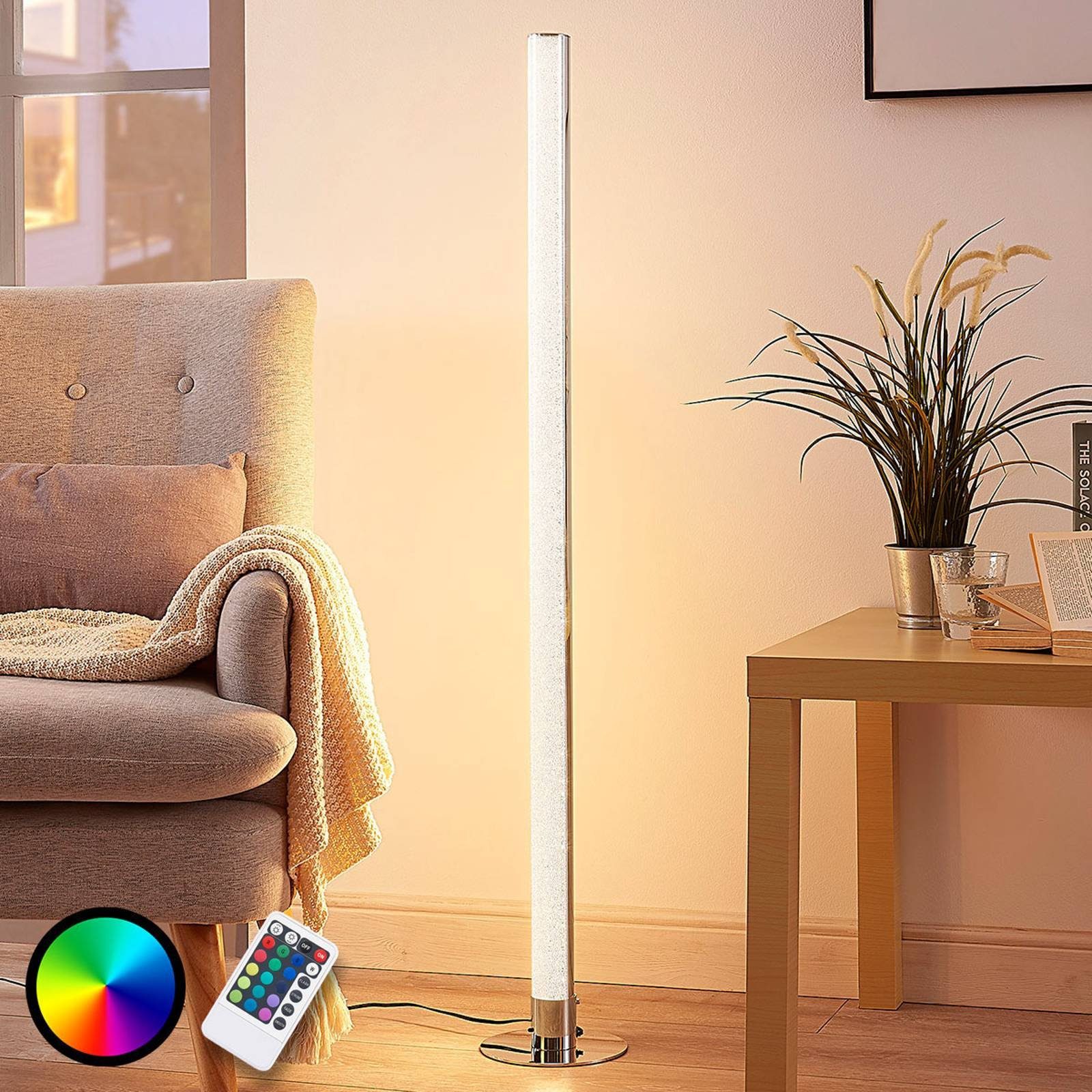 Lindby LED fest 1 Modern, Hadis, RGB inkl. dimmbar, + LED-Leuchtmittel Acryl, weiß, verbaut, weiß, chrom, Stehlampe Metall, Farbwechsel flammig,