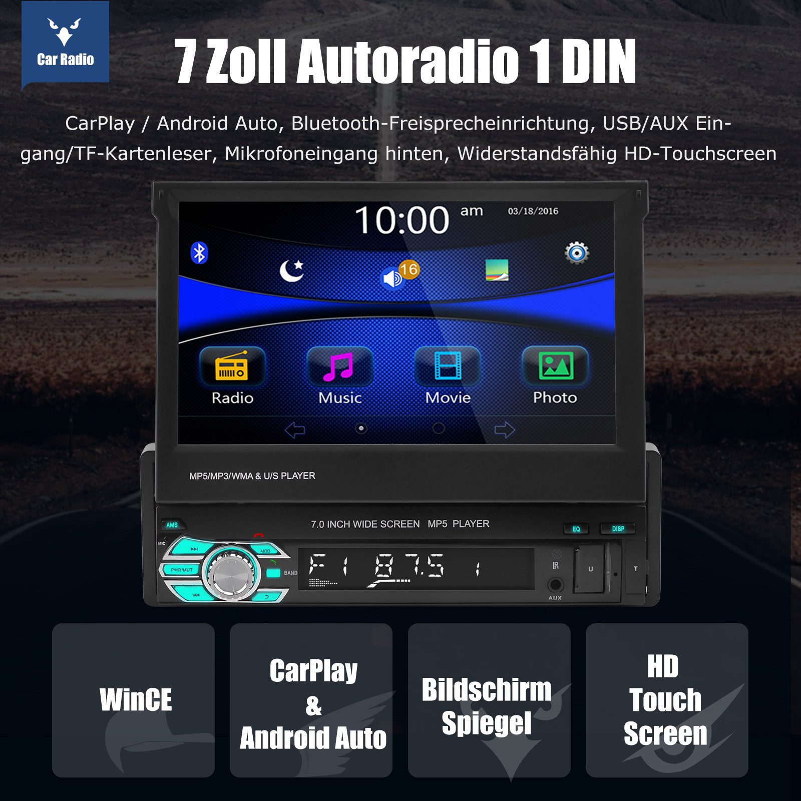 ESSGOO Autoradio 1 DIN 7" WinCE Flip Bildschirm Touchscreen Carplay BT RDS Navigationsgerät – Bild 2 von 5