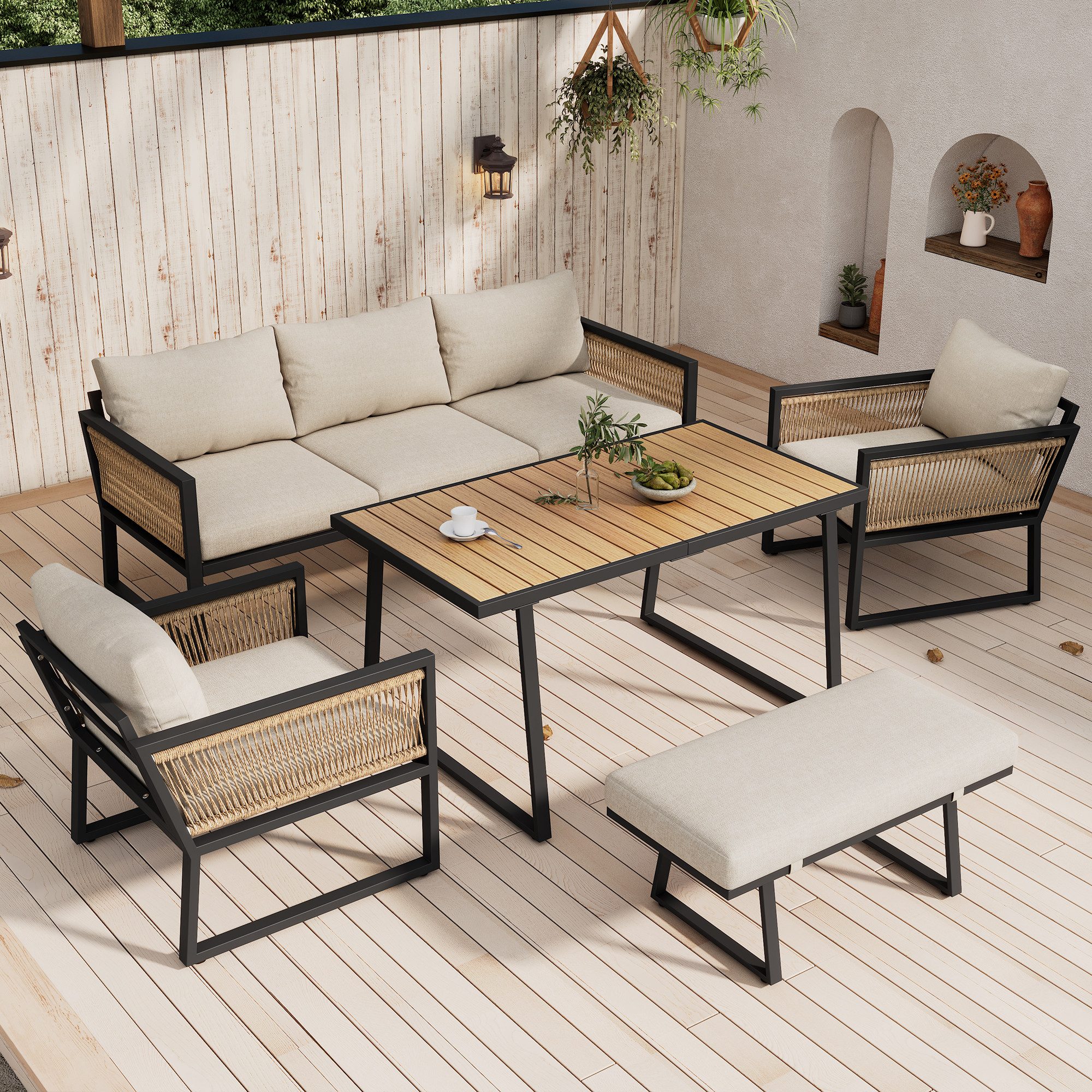 Merax Gartenlounge-Set mit geflochtenen Seil-Armlehnen, (5-tlg., Sitzgruppe Gartengarnitur Terrassenmöbel), Gartenmöbel Set aus verzinktem Eisen, Tischplatte aus Kunststoffholz