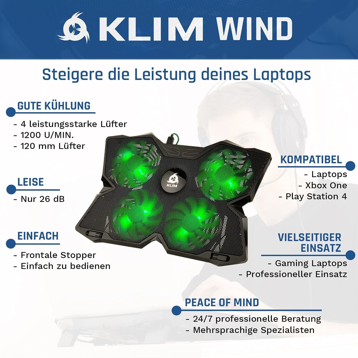 der – Notebook-Kühler Laptop-Kühlpad Wind, schnelle Kühlventilator Grün leistungsstärkste KLIM