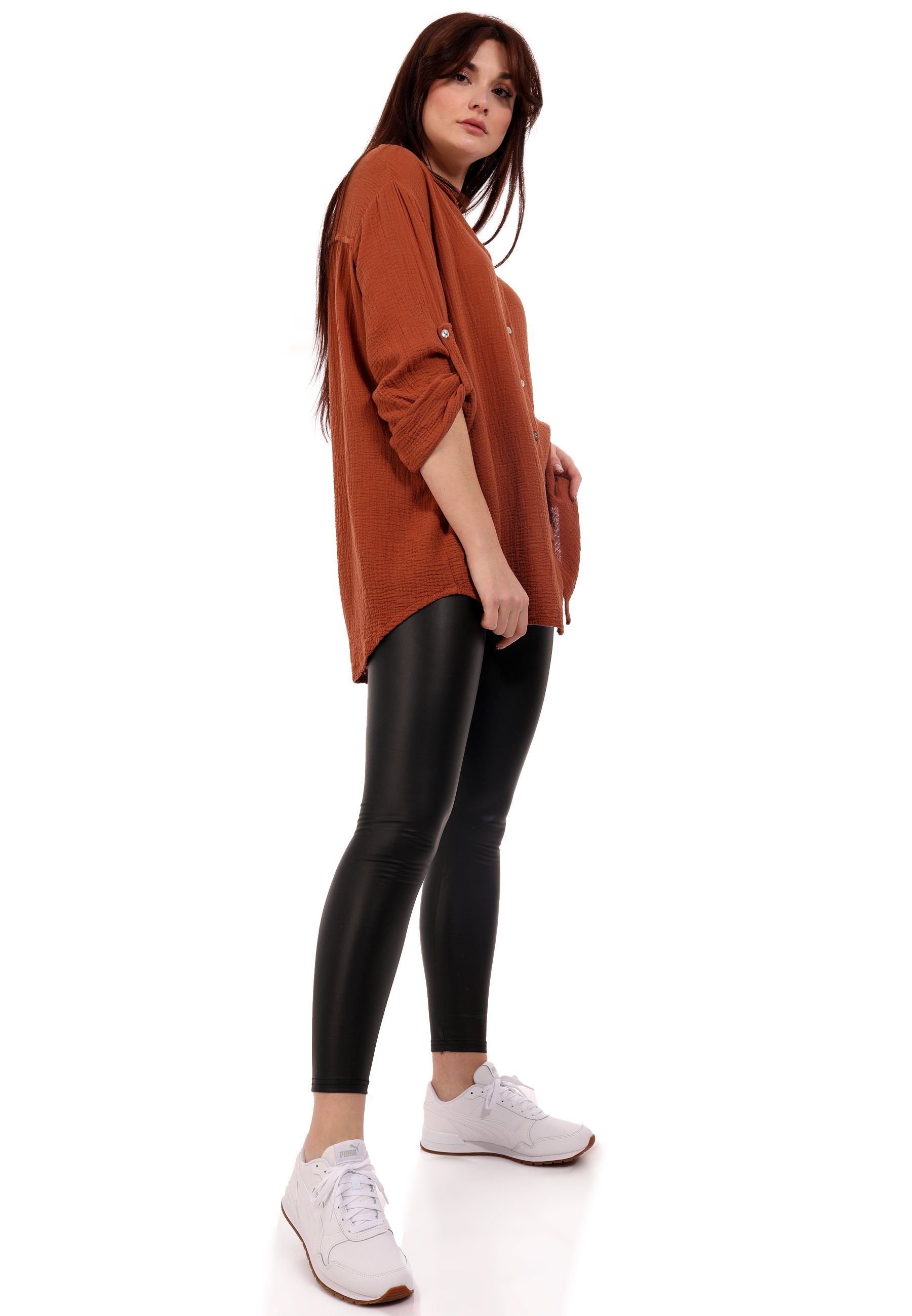 YC Fashion & Hemdbluse Musselin Casual Style Size weicher Langarm, Herrlich Long Uni, rost Oversized (1-tlg) Bluse One bluse