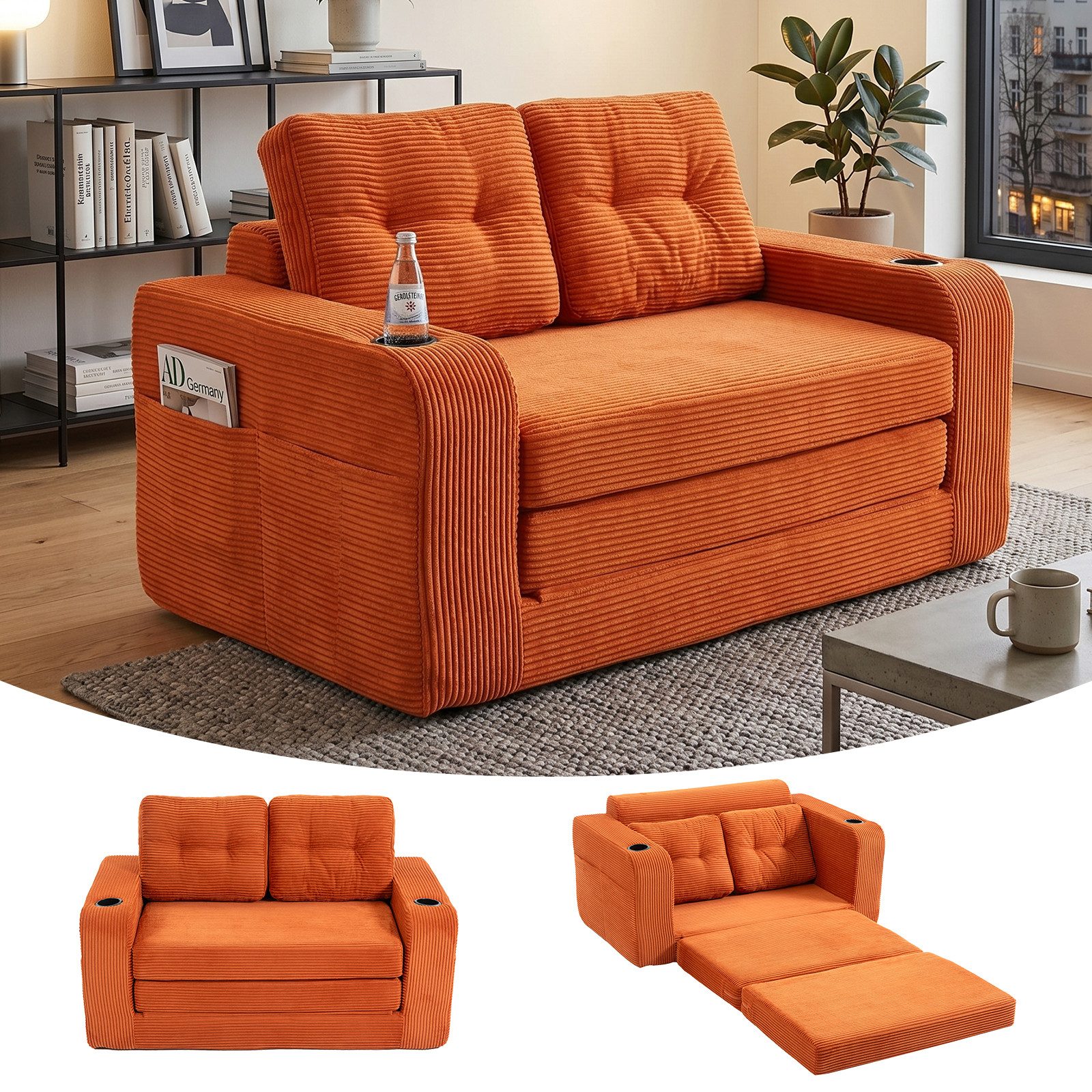 GLP Schlafsofa 2-Sitzer, Sofa 136x80 cm, Klappsofa platzsparend, mit Getränkehaltern, Seitentaschen, Liegefläche 186x100 cm