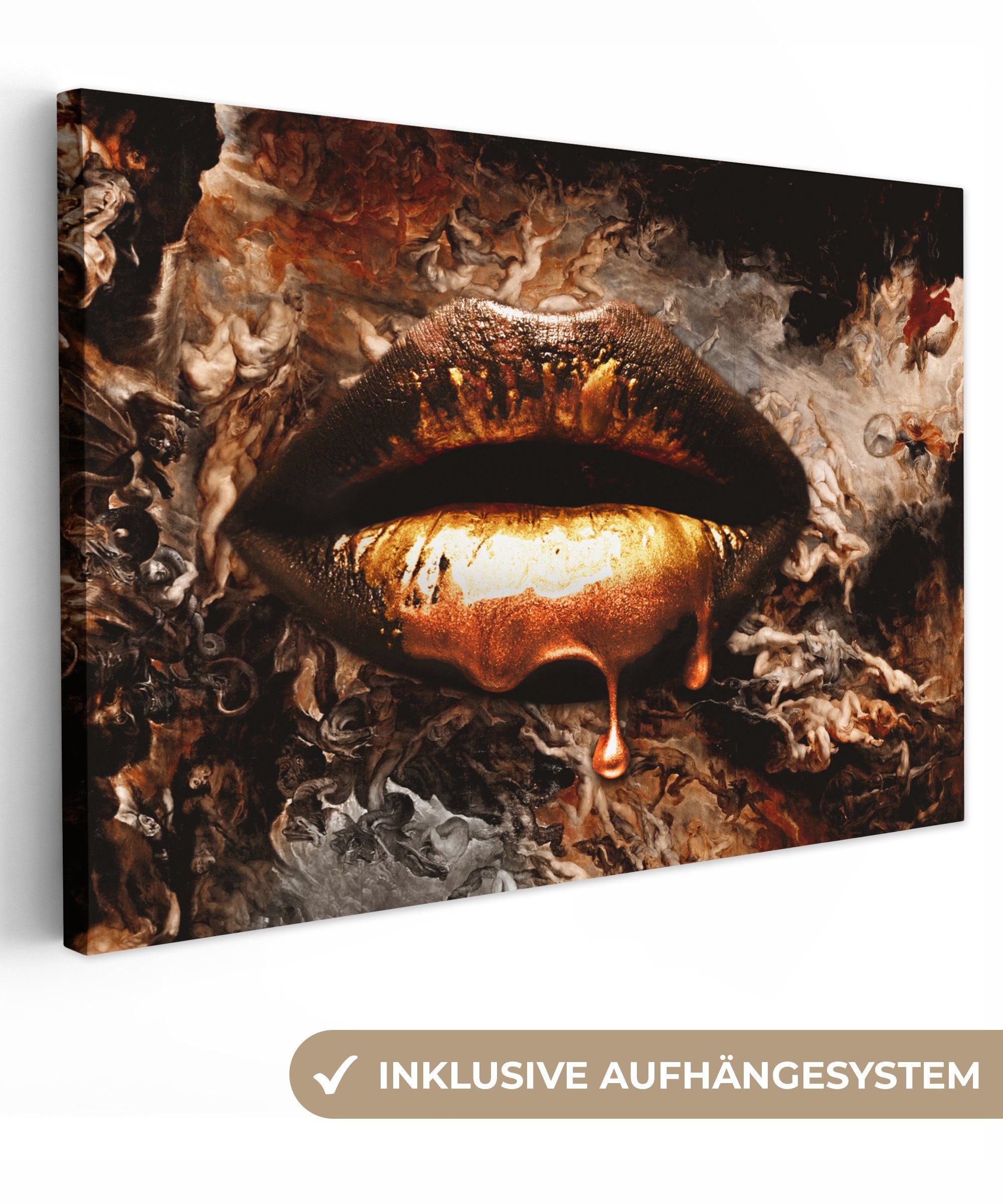 Lippen Aufhängefertig, 30x20 - - Gold OneMillionCanvasses® Wandbild - Lippen Kunst Leinwandbilder, Leinwandbild cm - (1 Luxus Wanddeko, St), Abstrakt, - Gold