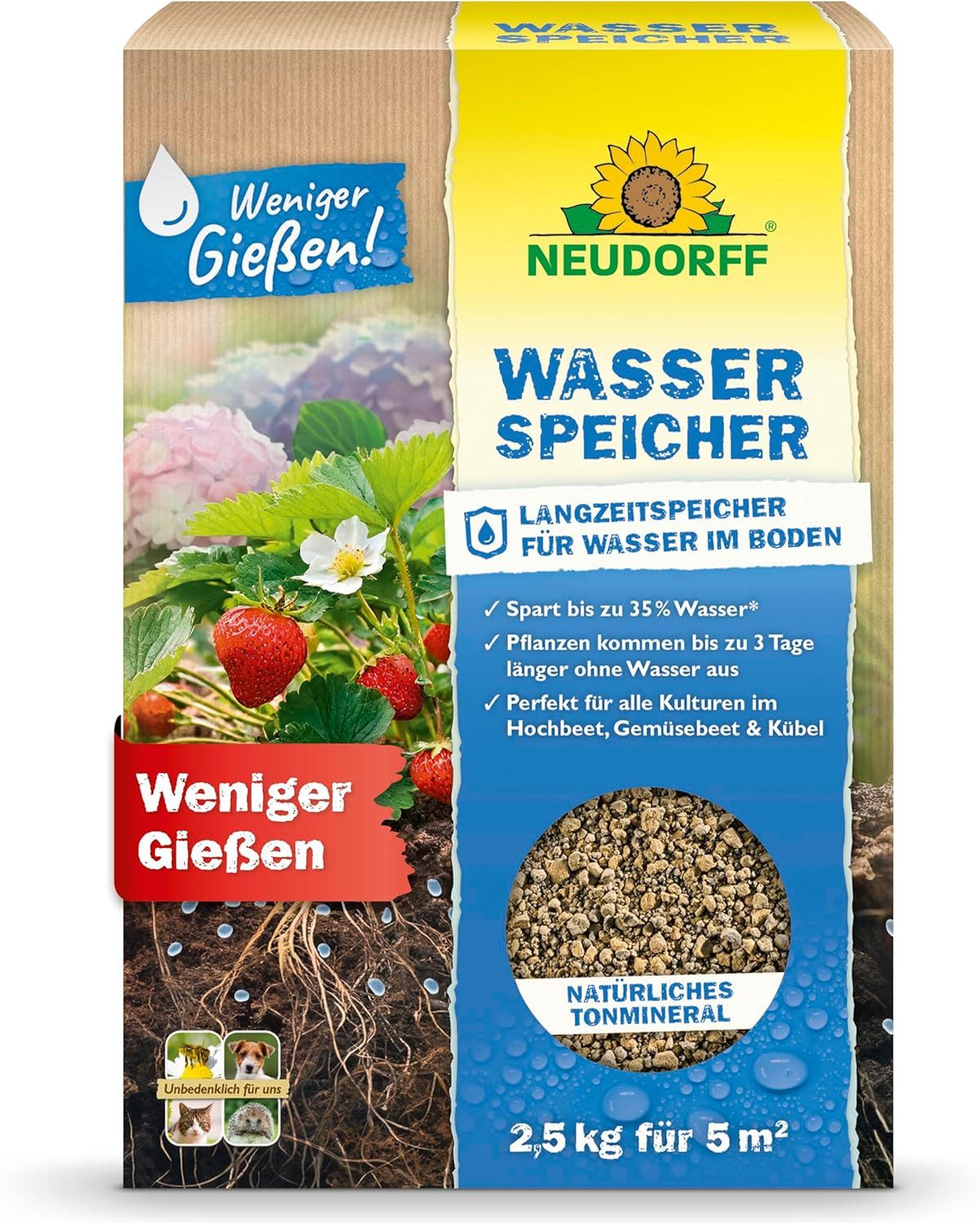 Neudorff Tongranulat Wasserspeicher 2,5 kg Langzeitspeicher für Ernte und Blüte, mit Bodenhilfsstoff, Tonminerale (Bentonit), (Einzelartikel, Speichert Wasser im Boden und verlängert die Gießintervalle), Bentonit-Wasserspeicher für länger anhaltende Boden
