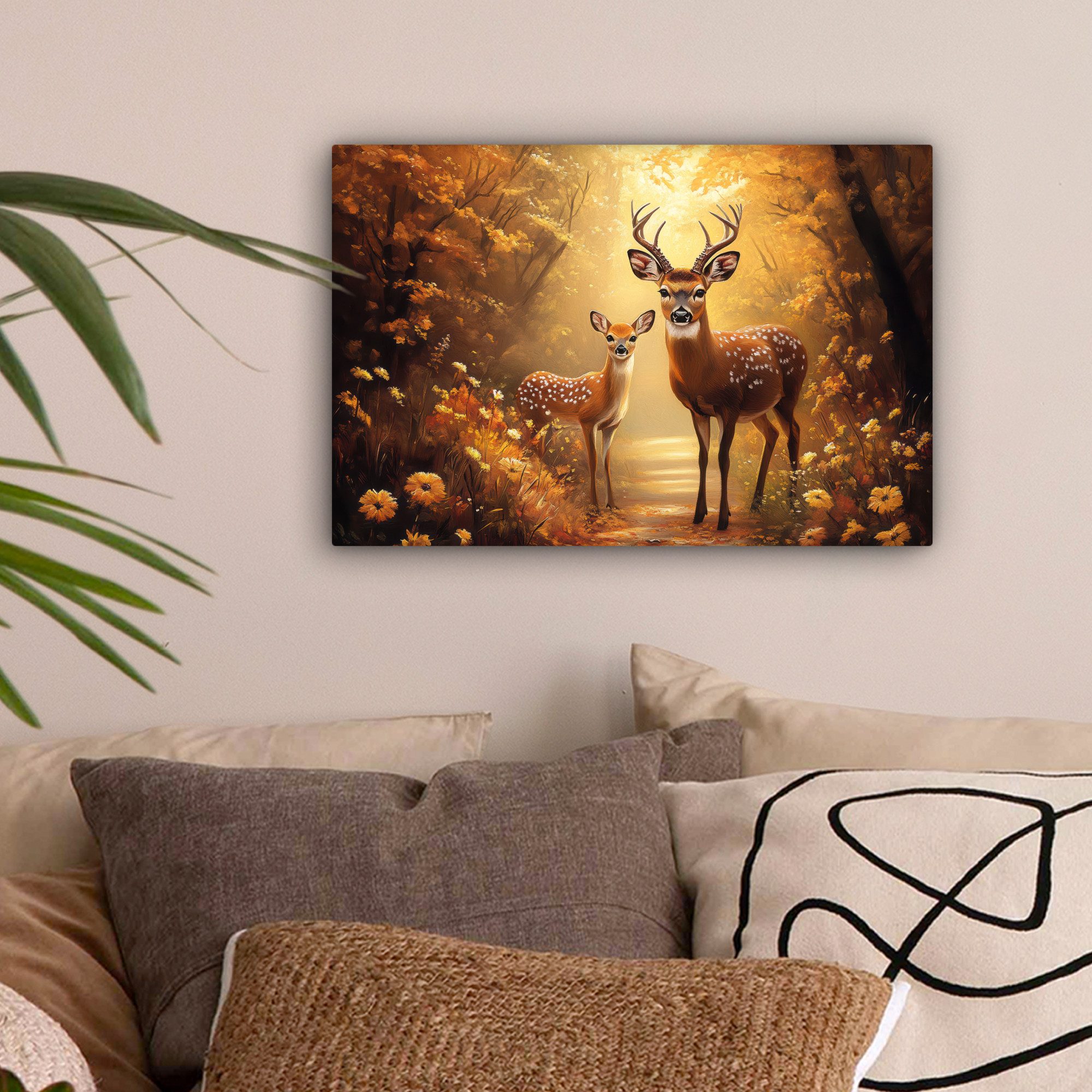 OneMillionCanvasses® Leinwandbild Herbst - Wald - Hirsche - Tiere - Natur - günstig online kaufen