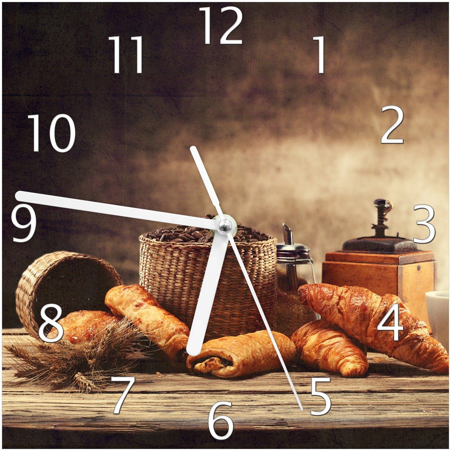 Wallario Wanduhr Französisches Frühstück mit Café und Croissants (Glasuhr)