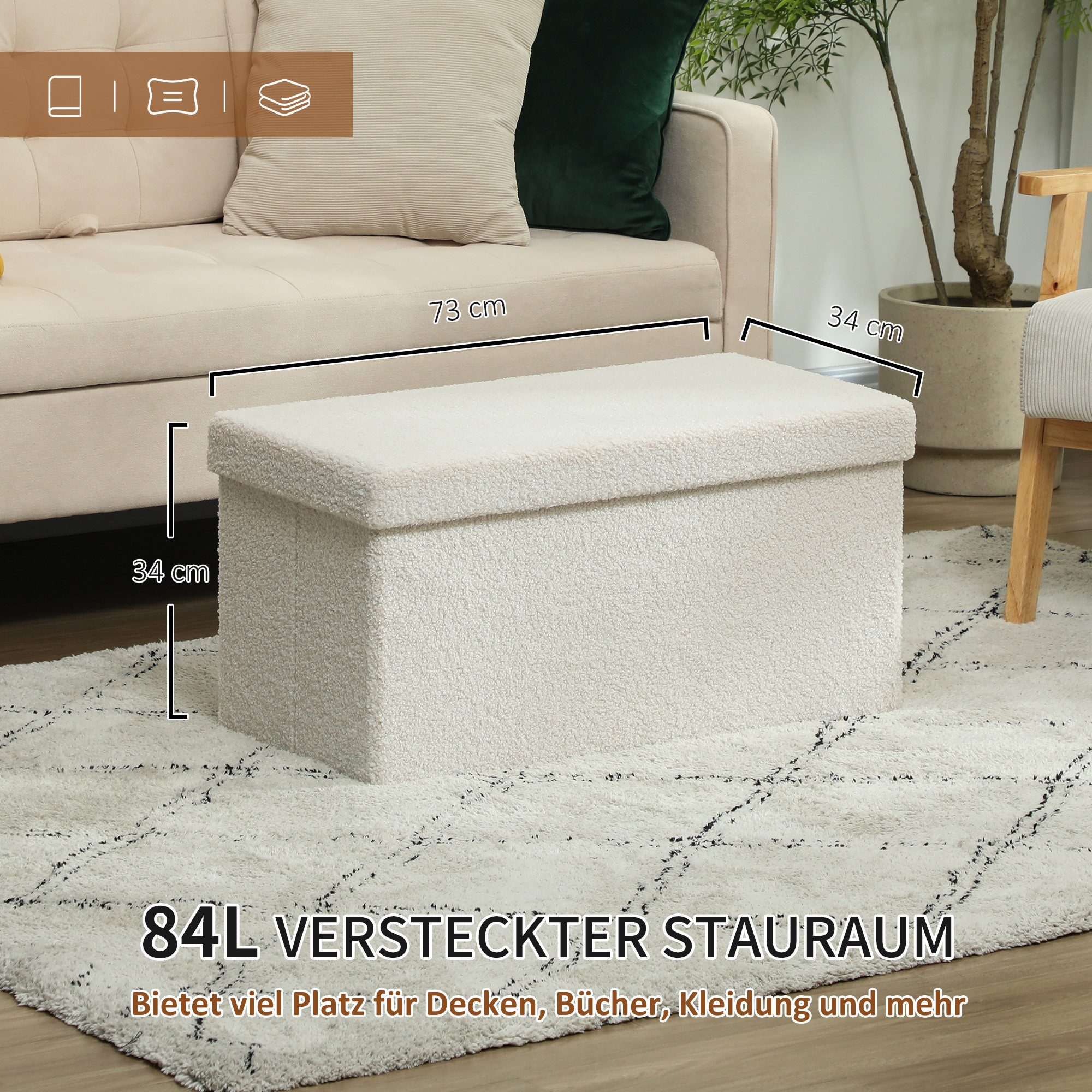 HOMCOM Sitzbank Stauraum faltbar mit Samtoptik Sitztruhe (Truhenbank, 1-St., Polsterbank), für Flur Schlafzimmer Wohnzimmer, 76 x 38 x 38 cm Cremeweiß – Bild 4 von 5