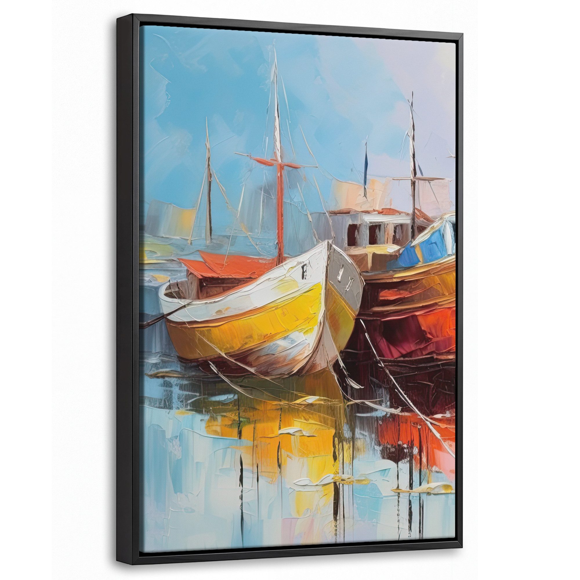 OneMillionCanvasses® Leinwandbild mit Rahmen - Boote - Kunst - Malerei, Fotodruck (1 St), Deko für Wohnzimmer Schlafzimmer Küche 20x30cm