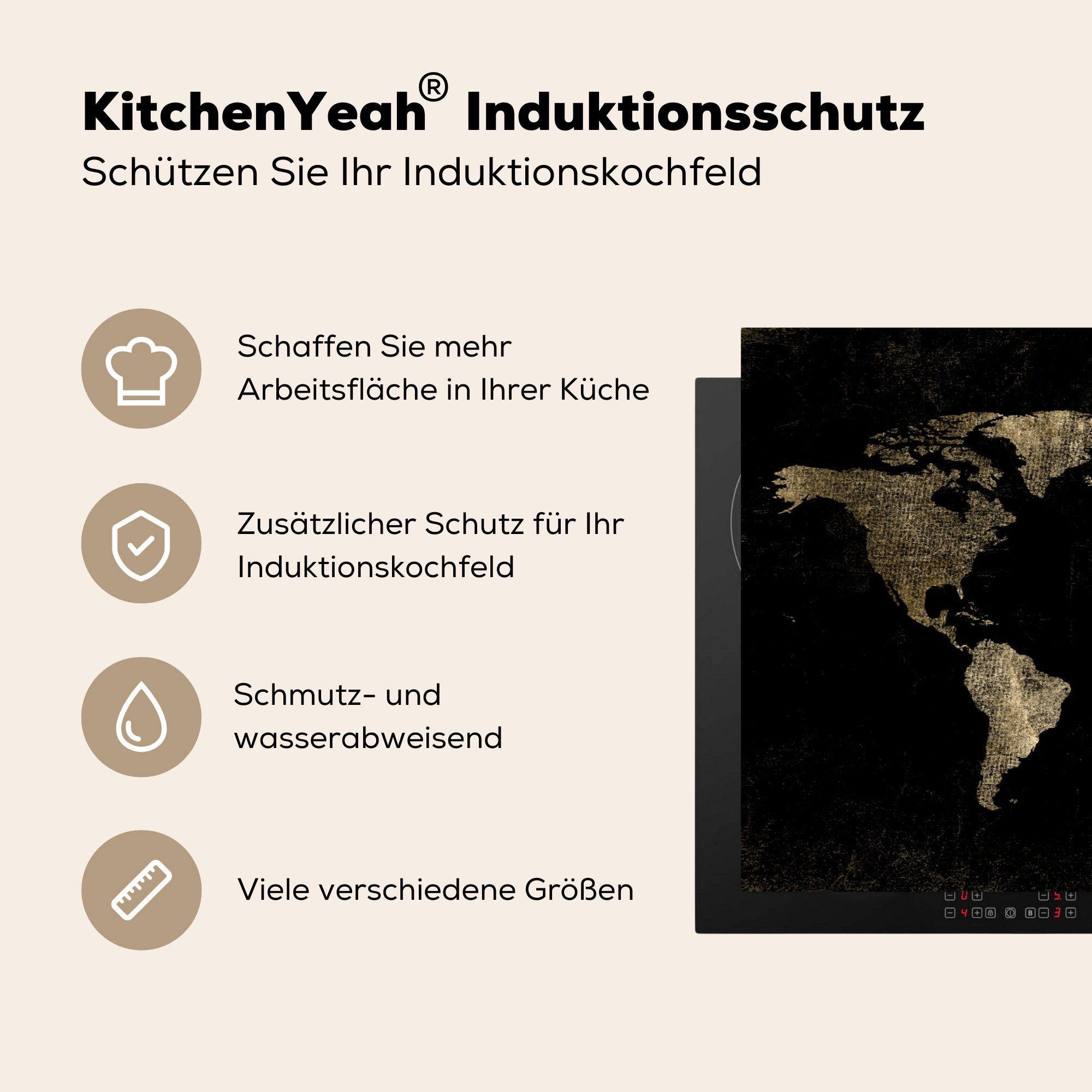 Schutz 81x52 - - Induktionskochfeld die Ceranfeldabdeckung MuchoWow Gold, Herdblende-/Abdeckplatte küche, cm, für (1 Weltkarte Vinyl, Schwarz tlg),