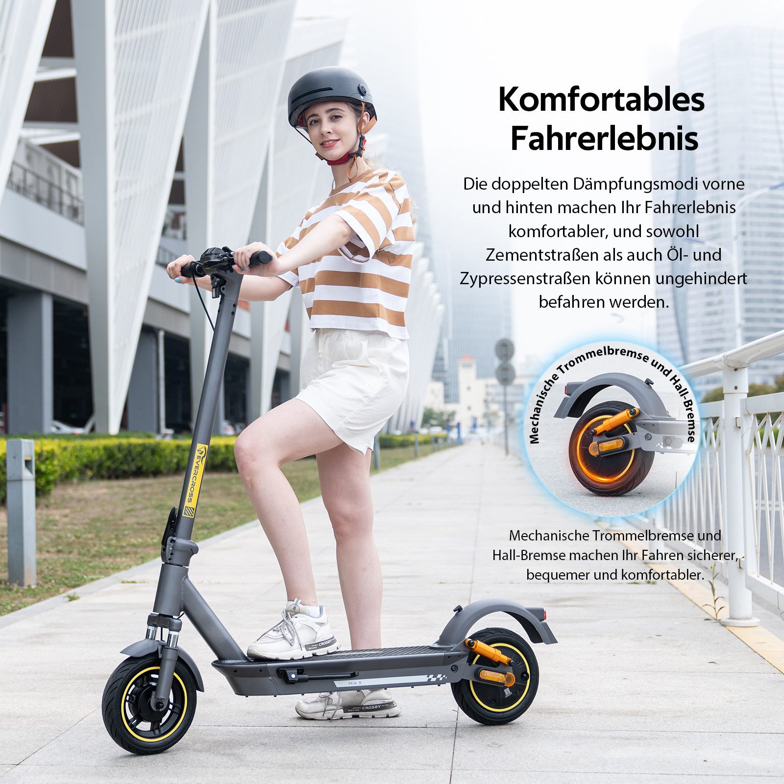 EVERCROSS TECH E-Scooter mit Straßenzulassung (ABE), 10" Runflat Reifen, Blinker, mit APP, 15,6AH Akku, 80KM/150KM, Handtasche, LED-Display