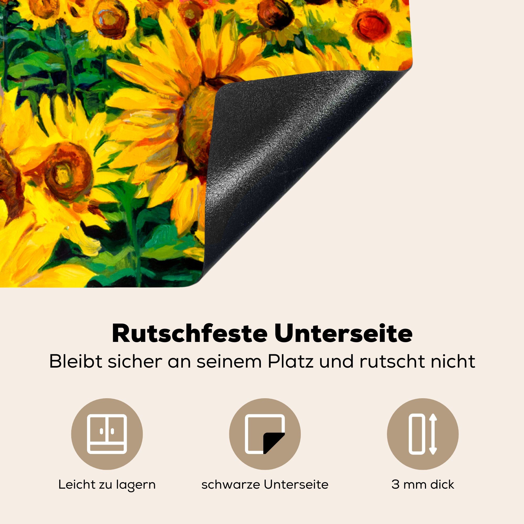 tlg), Vinyl, nutzbar, Sonnenblume MuchoWow - Herdblende-/Abdeckplatte Mobile cm, Arbeitsfläche 70x52 Ceranfeldabdeckung Gemälde Ölfarbe - Blumen, (1 -