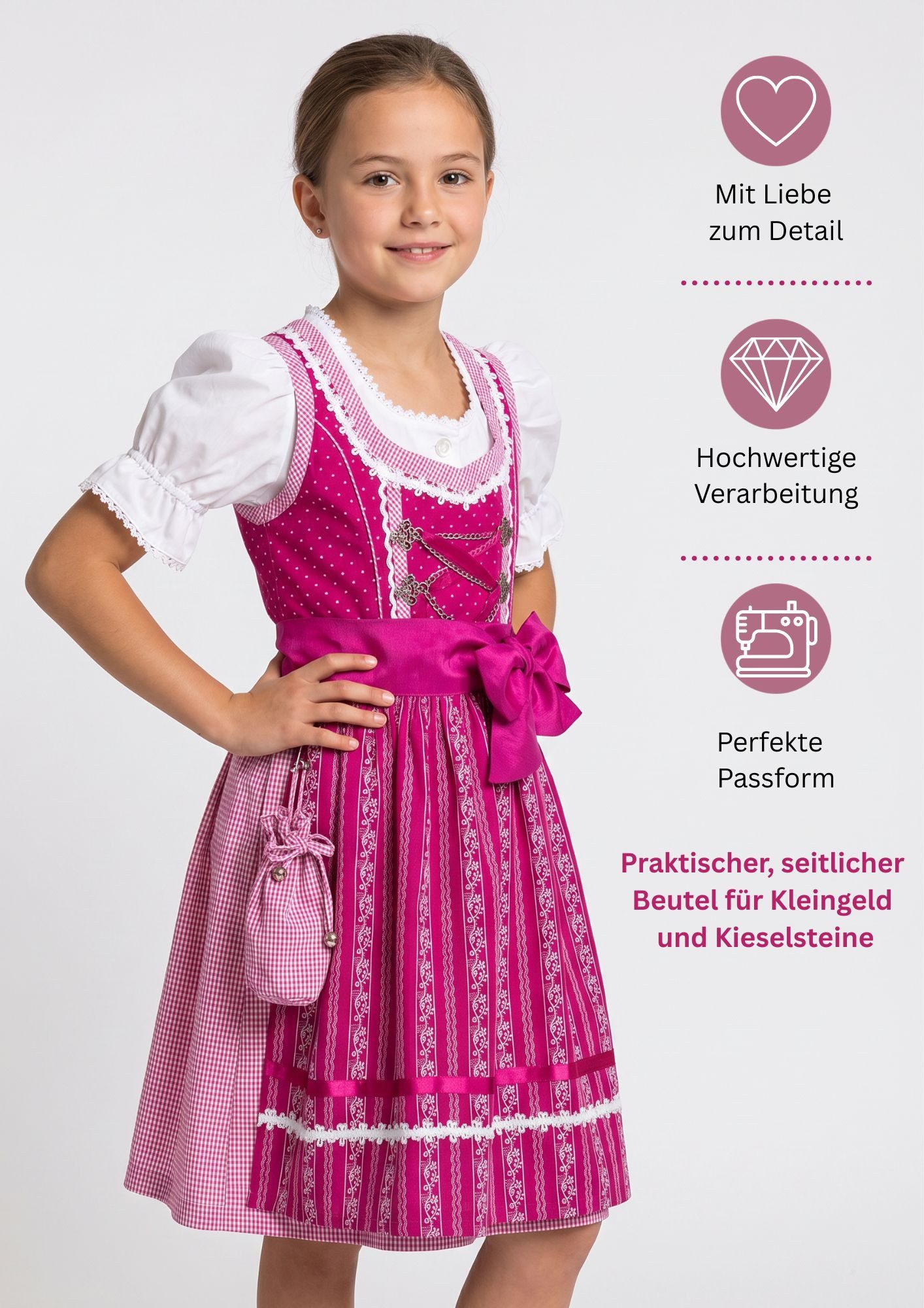 Nübler Dirndl Kinderdirndl 3-teilig Anja in Beere von Nübler - Rocklänge knielang 3 teiliges Set aus Dirndl, Bluse und Schürze