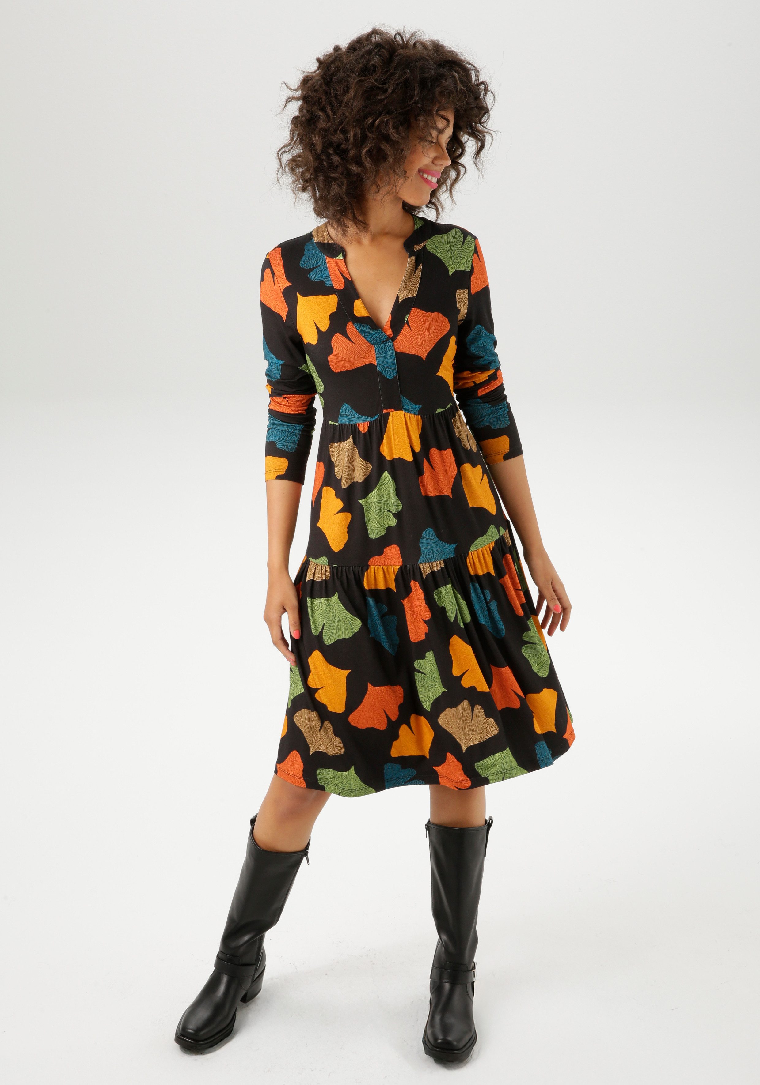 Aniston CASUAL Jerseykleid mit bunten Blättern bedruckt - jedes Teil ein Un günstig online kaufen