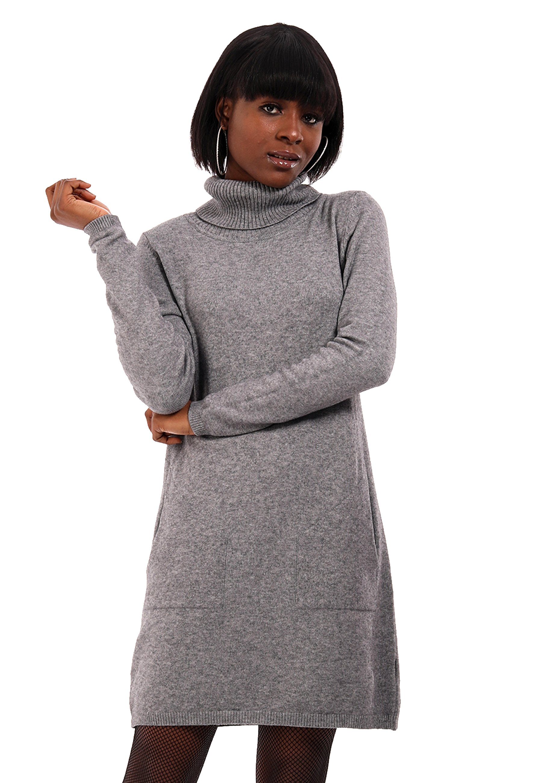 YC Fashion & Style Strickkleid Strickkleid Longpullover mit Rollkragen und Einschubtaschen (1-tlg) in Unifarben grau