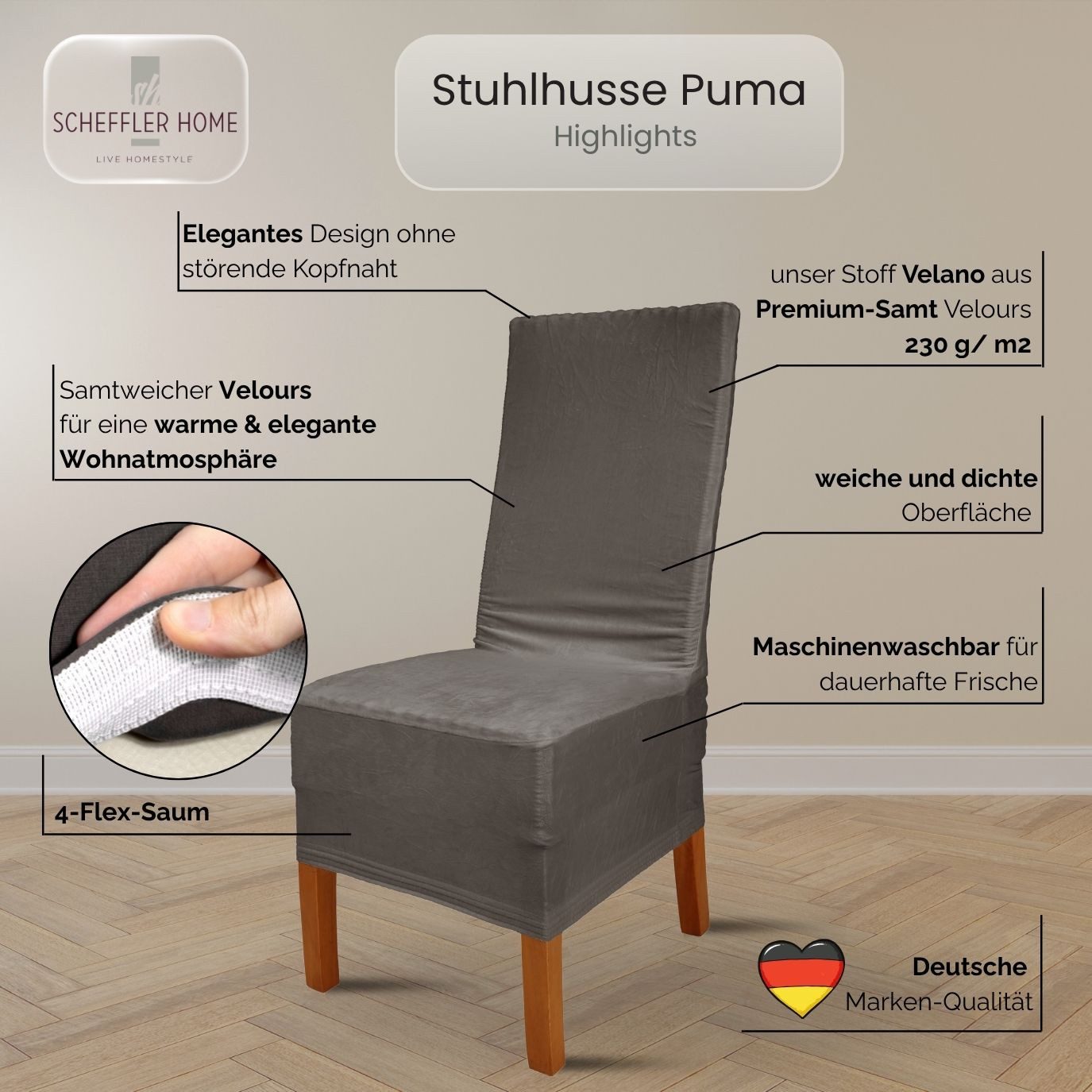 sh SCHEFFLER-HOME LIVE HOMESTYLE Stuhlhusse VelvetFit Puma – elastischer Stuhlbezug, für große Stühle, Samt-Optik, Idealmaße 46×66 cm Rückenlehne