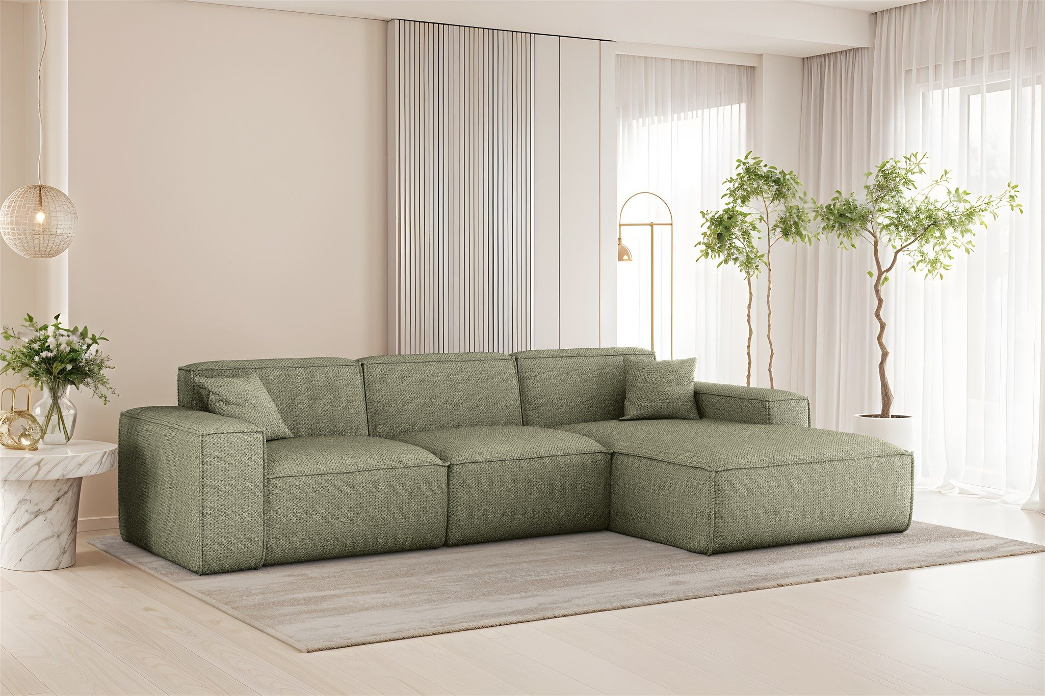 Fun Möbel Ecksofa Designersofa CELES PREMIUM in Stoff Artico (266cm x 165cm), Rundumbezug, inkl. 2 Zierkissen