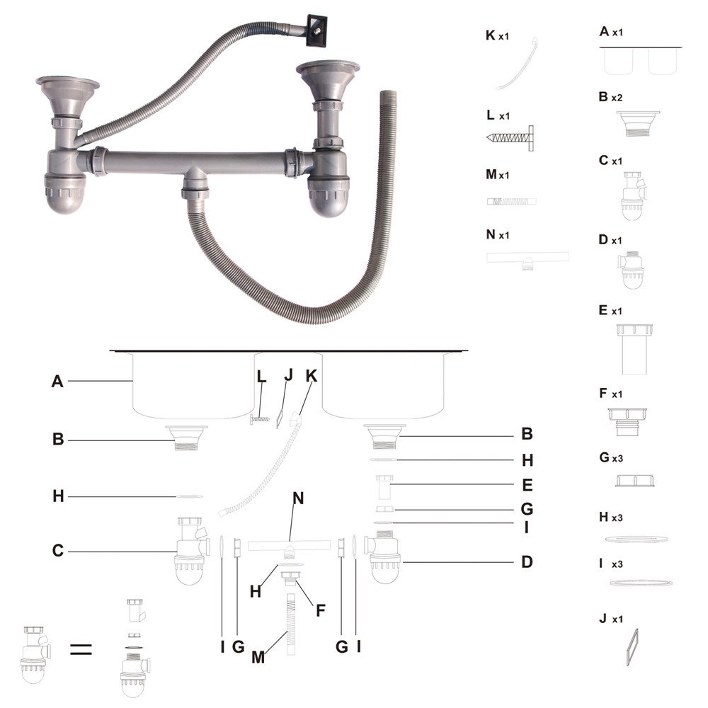 Mucola Built-in Sink, Double Basin, Stainless Steel Sink, 2 Basins + Accessories, Rectangular, 80/50 cm, 2 Basins, (Piece), Stainless Steel