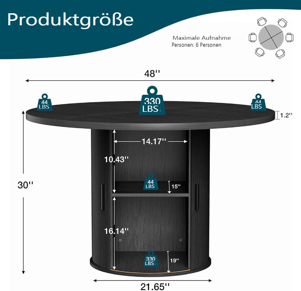 MECO Esstisch Küchentisch Esstisch Runder Ø120cm mit Schiebetüren und Stauraum (für 4 Personen), Bis 150kg, Stabil Esszimmertisch Holz für Esszimmer Wohnzimmer – Bild 4 von 5