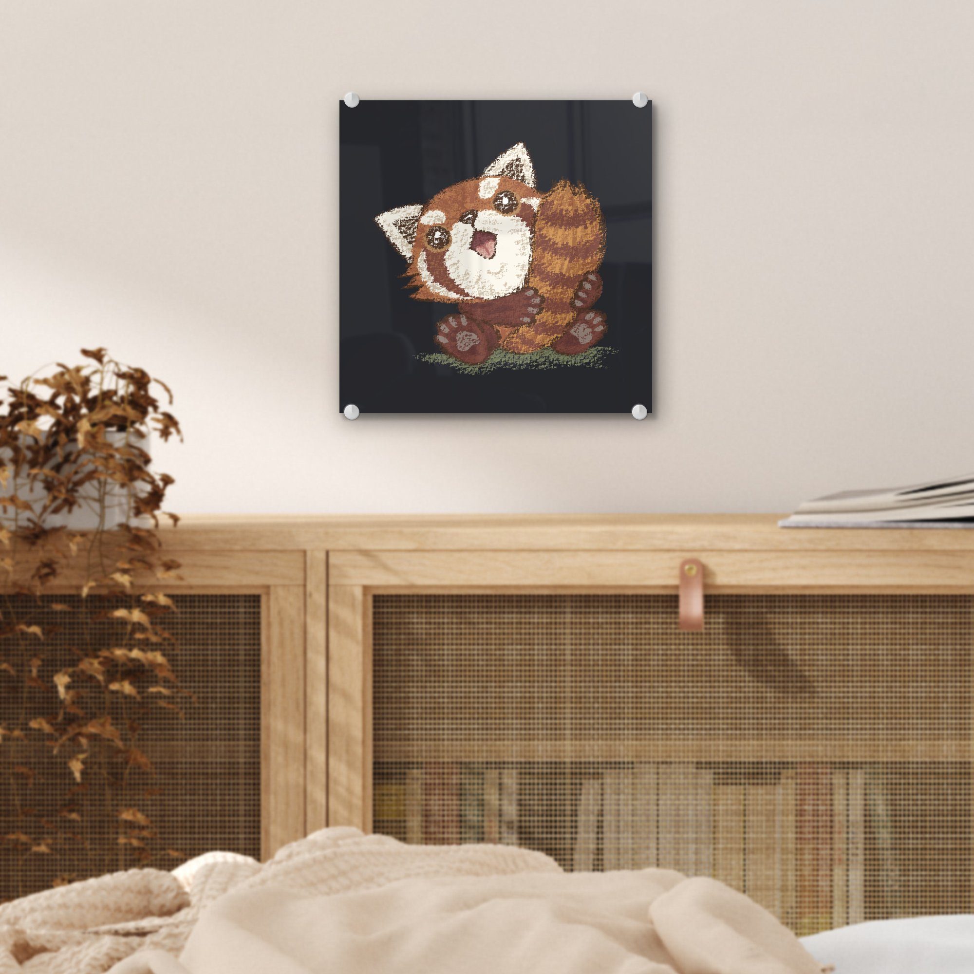 MuchoWow Acrylglasbild Illustration St), seinem Wandbild Bilder auf Wanddekoration - auf (1 Glasbilder mit Glas Glas - - roten Foto eines Pandas Schwanz