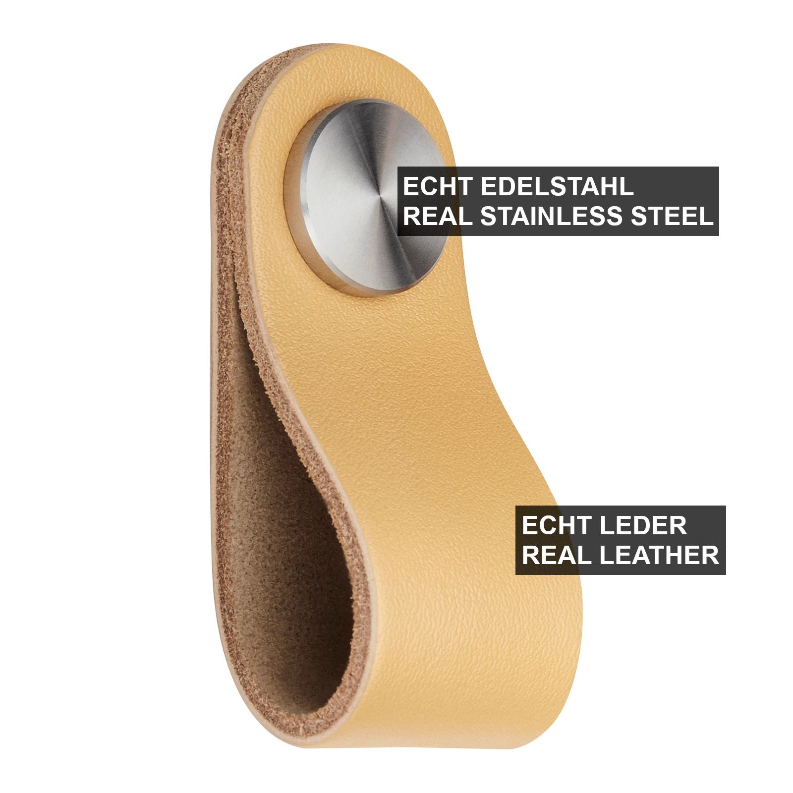 SO-TECH® Möbelgriff OSTERNAS Ledergriff Designgriff echt Rindsleder & Edelstahl (2-St), Möbelknopf Edelstahl / helles Khaki